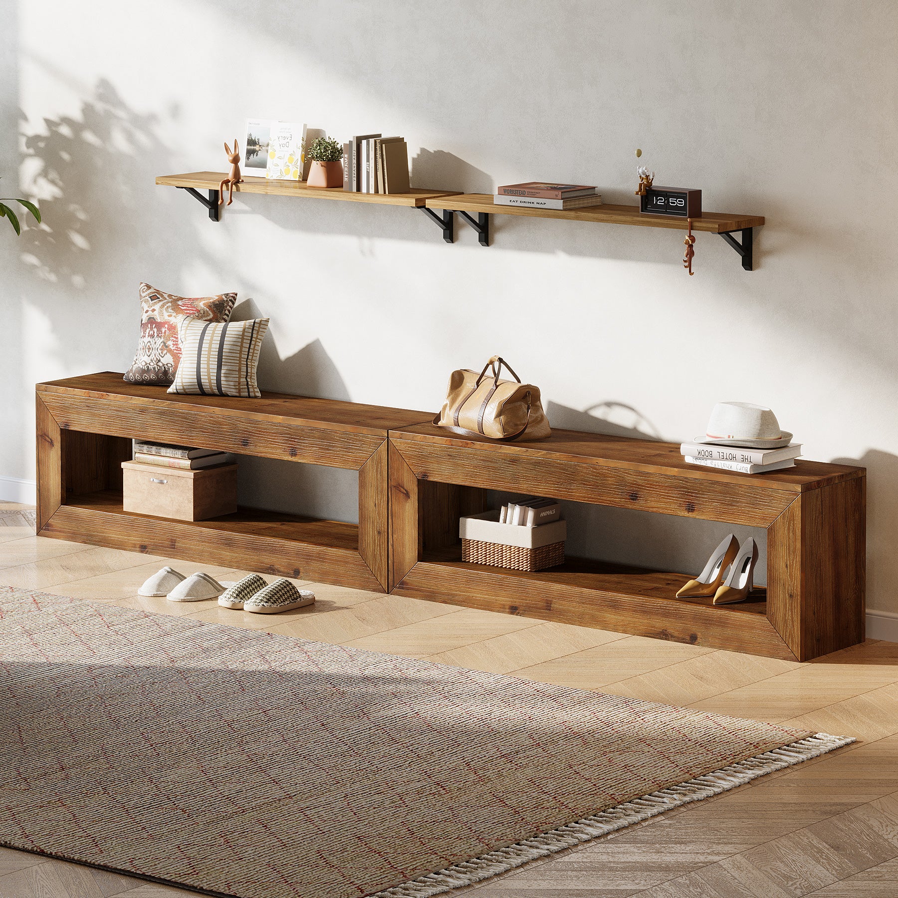 Tribesigns Mobile TV da 120 cm in legno massello con contenitore, mobile basso rustico per apparecchiature multimediali