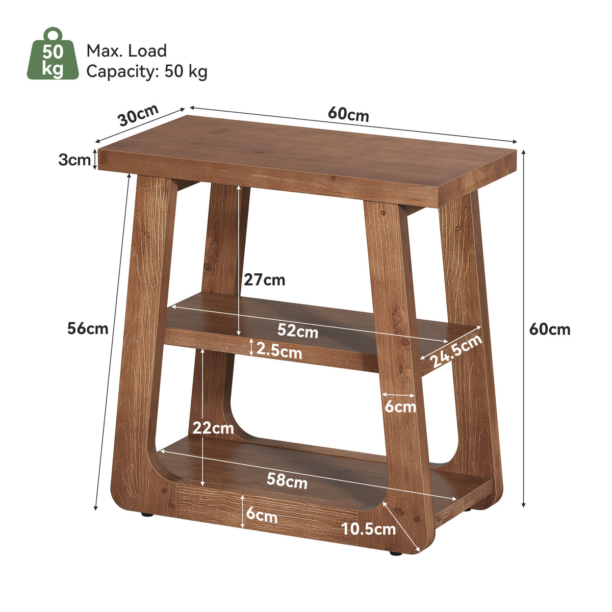Tavolino Laterale Country in Legno Massello a 3 Ripiani, 50 cm, per Piccoli Spazi
