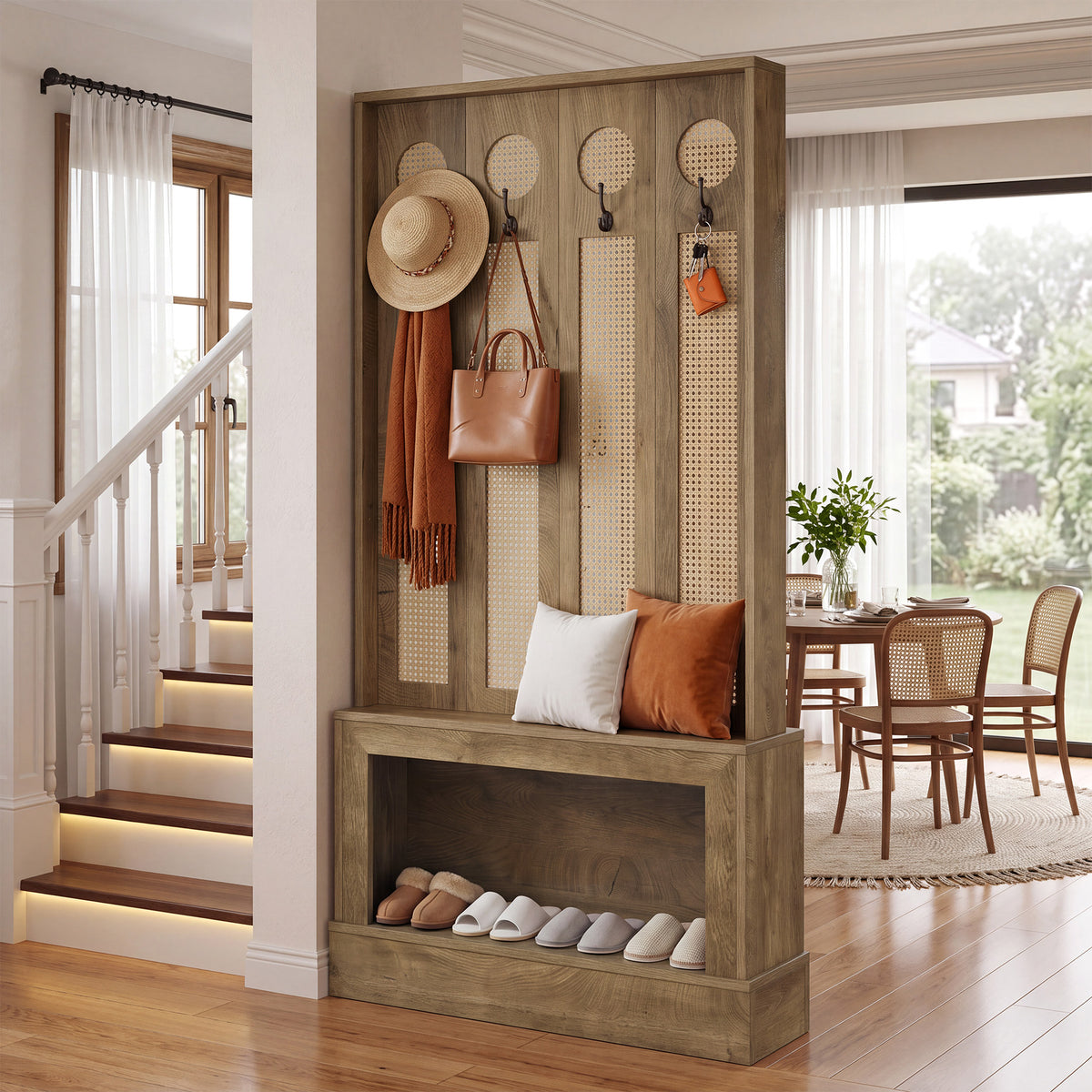 Divisorio in Rattan con Luce LED, Ripiani e 4 Ganci, 177 cm, per Soggiorno