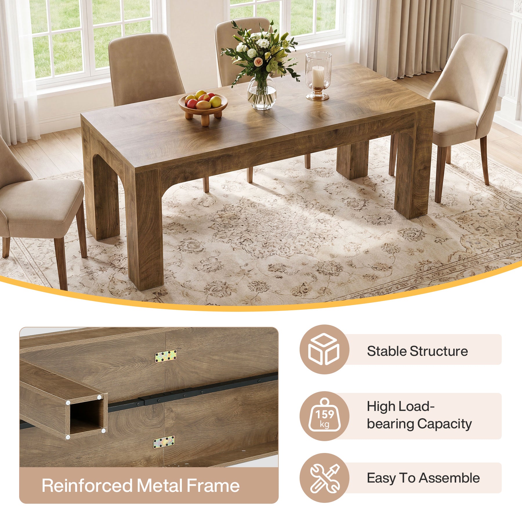 Tavolo da Pranzo Rettangolare Country in Legno con Gambe Robuste, 180 cm, per 4-6 Persone
