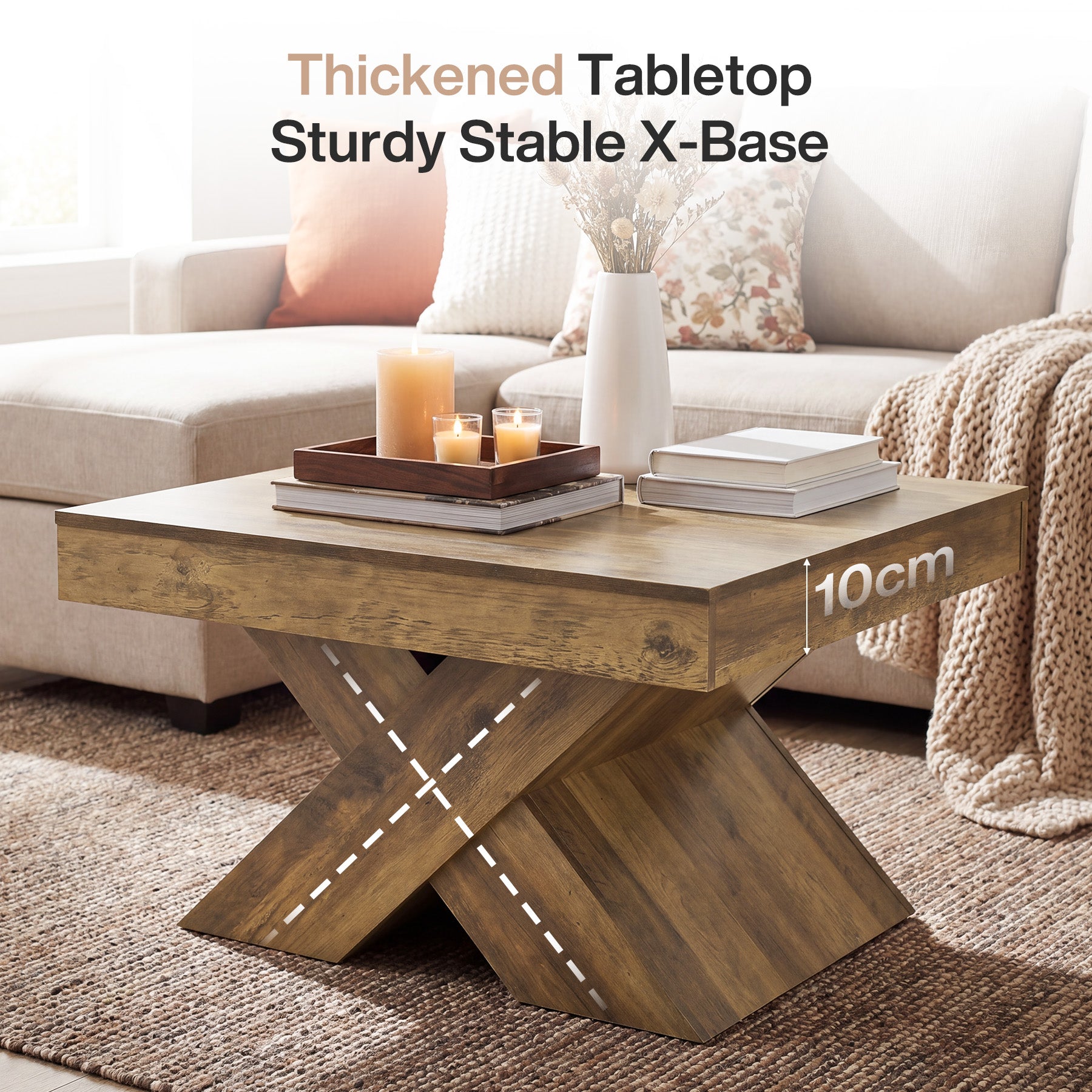 Tribesigns Tavolino quadrato da 80 cm, tavolino rustico per piccoli spazi con base a X