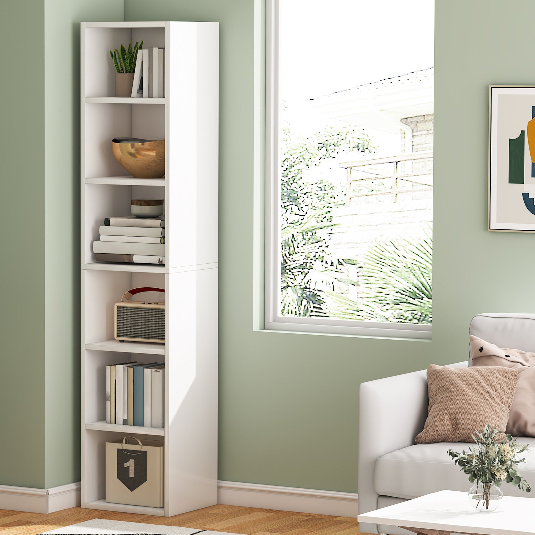 Tribesigns Libreria alta 180 cm, libreria angolare stretta con cubo espositivo a 6 ripiani