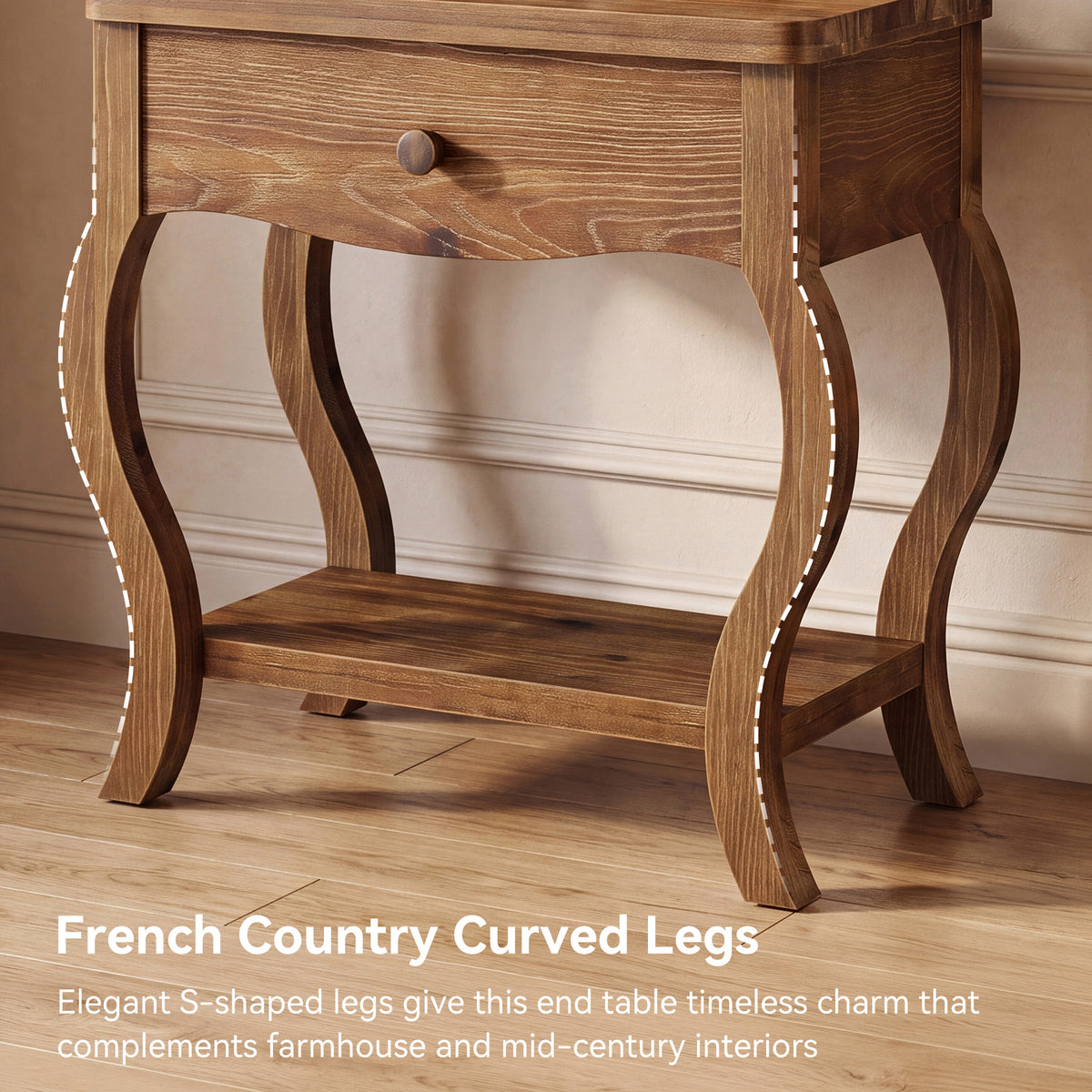 Tavolino Laterale Alto Rustico in Legno Massello con Cassetto, 60 cm, per Soggiorno