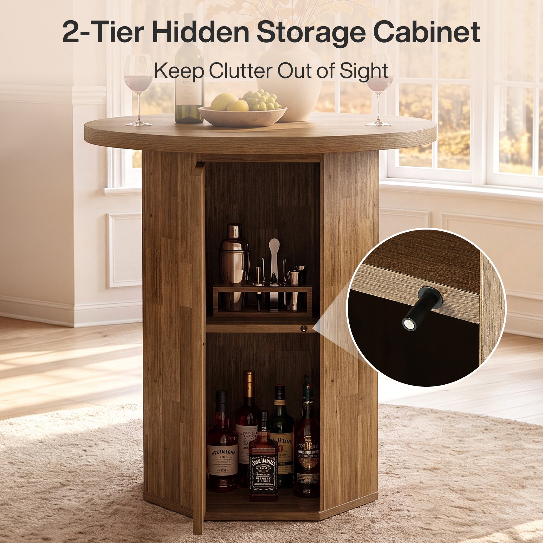 Tavolo da Bar Alto Rotondo Country con Vano Contenitore, Ø 80 cm, per Cucina e Soggiorno