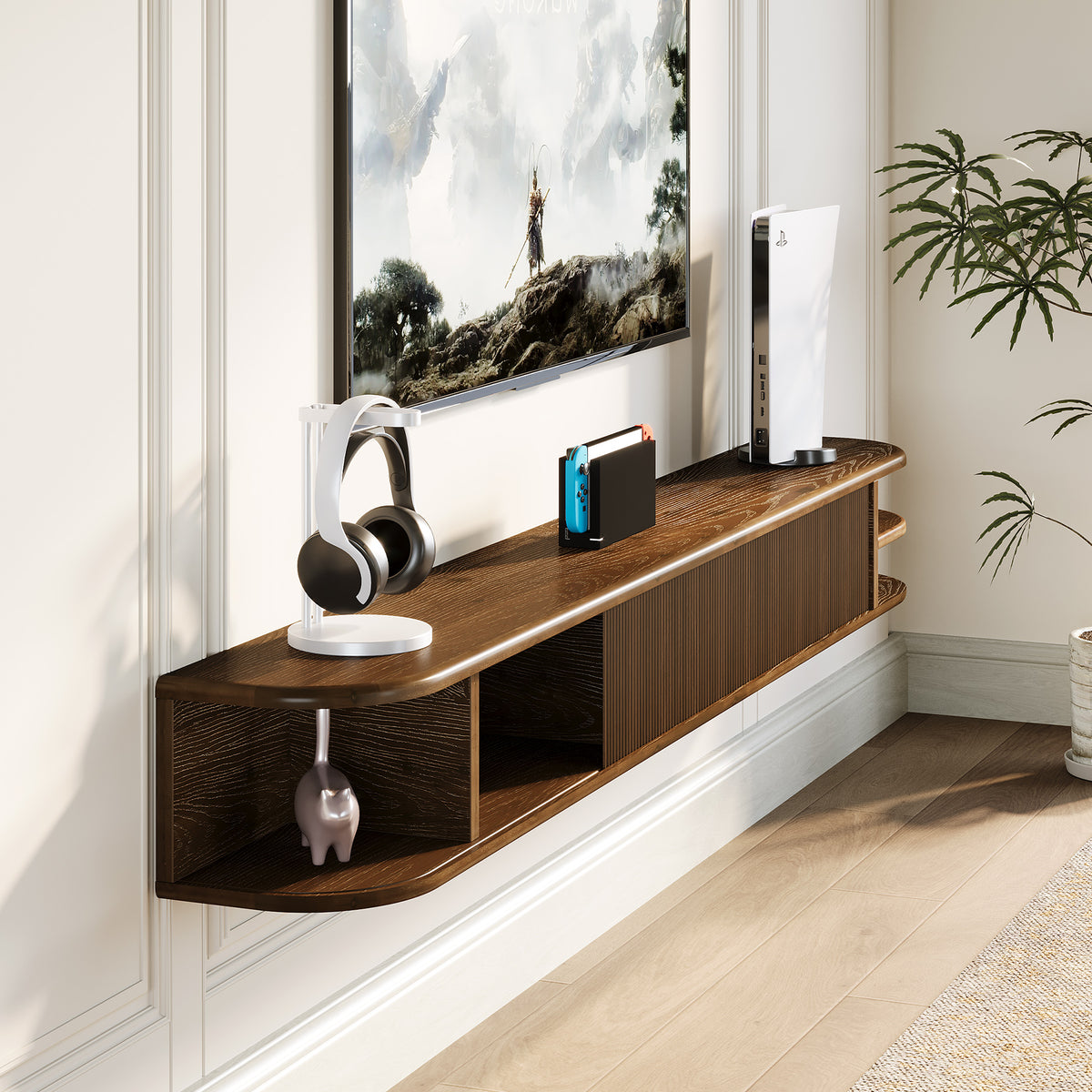 Mobile TV Sospeso in Legno Massello con Ante Scanalate, 180 cm, per TV fino a 90"