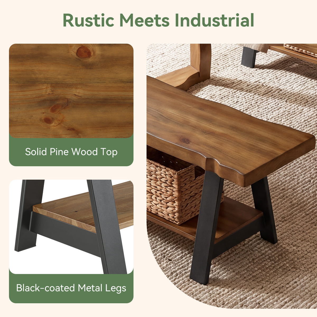 Panca da Pranzo in Legno Massello con Bordo Vivo e Struttura in Metallo, 140 cm