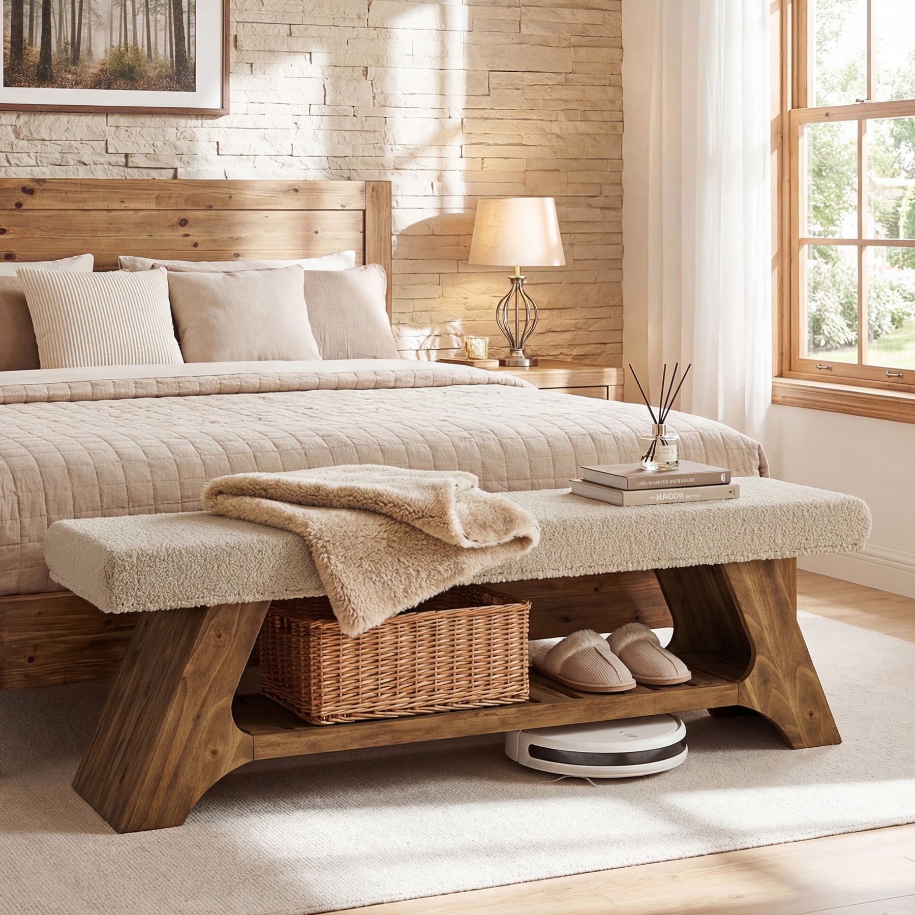 Panca Portascarpe Imbottita in Legno Massello con Cuscino, 140 cm, per Ingresso