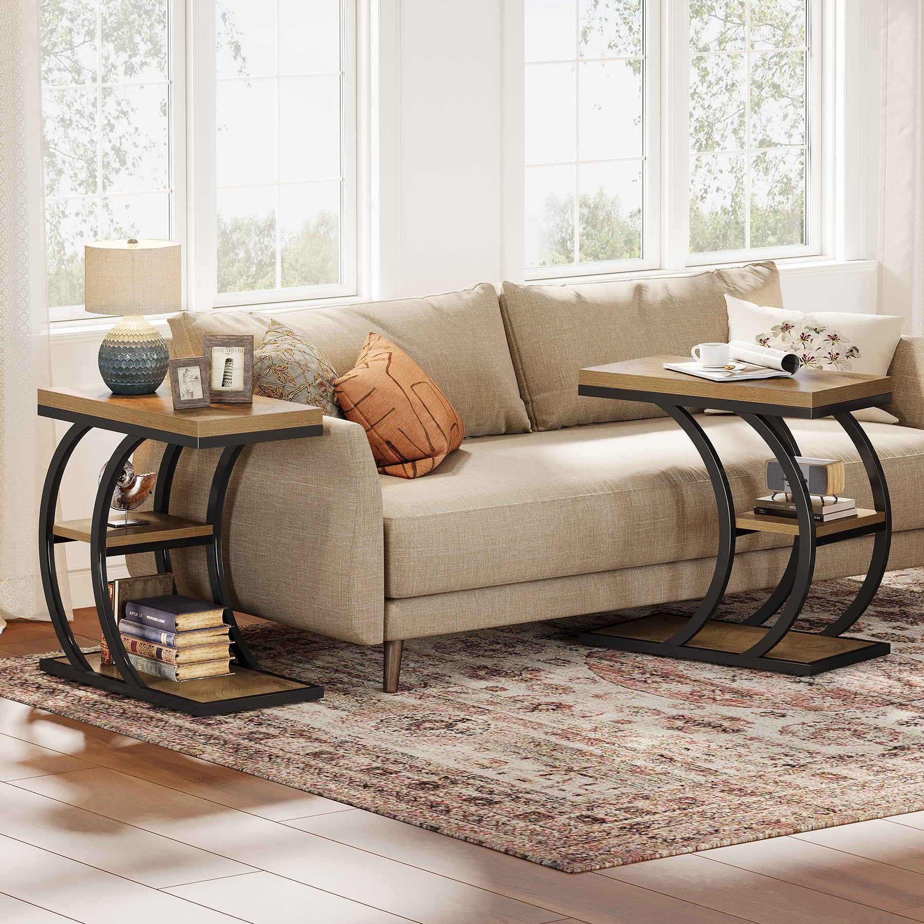 Tribesigns 60 cm Tavolino a 3 ripiani, tavolino laterale a forma di C