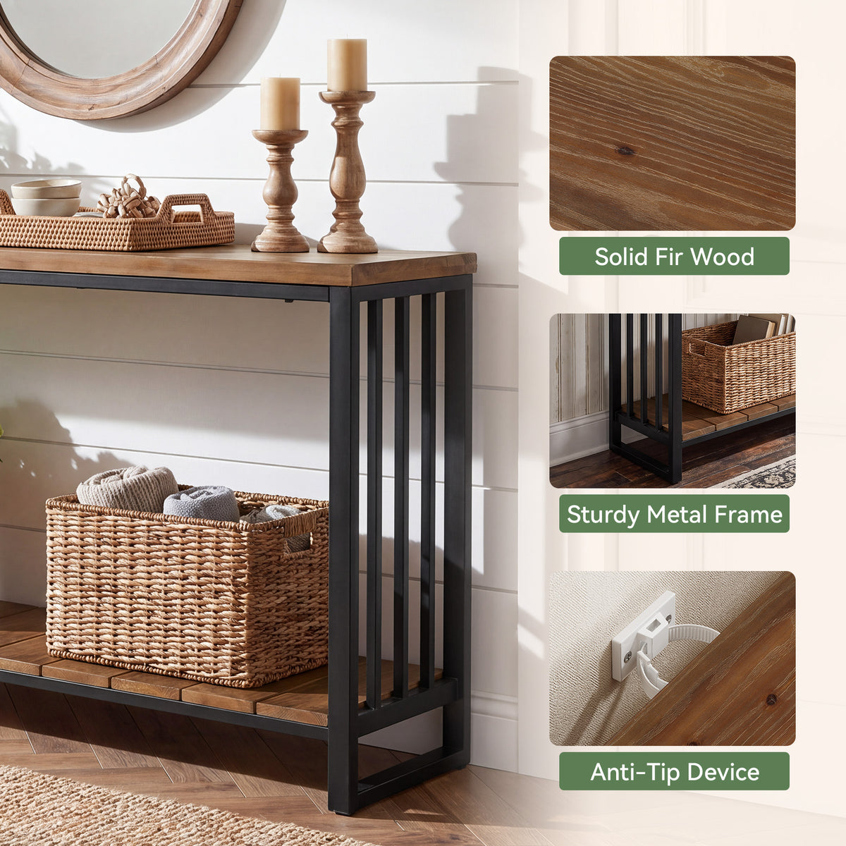 Consolle Stretta Country in Legno Massello con Ripiano, 140 cm, per Ingresso