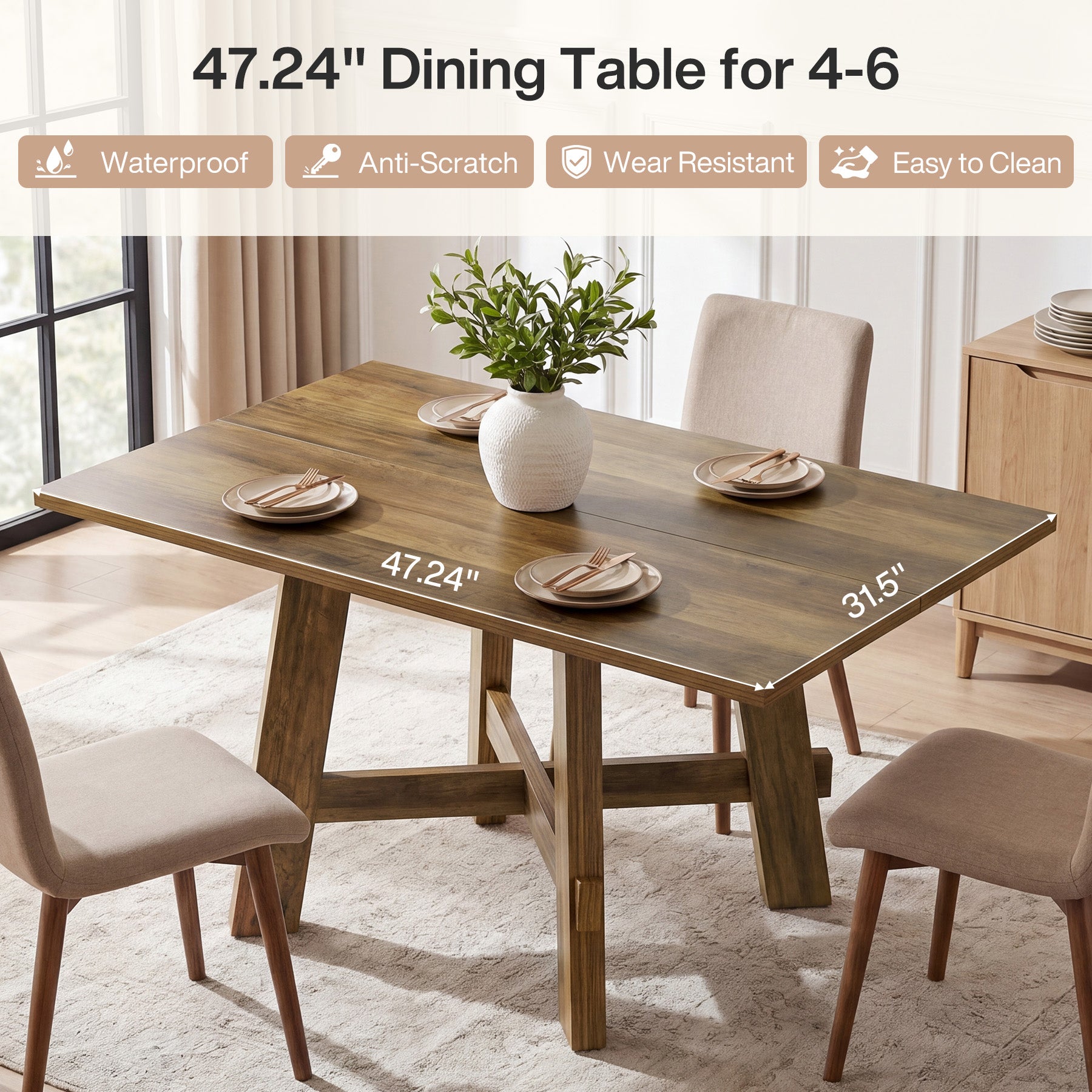 Tribesigns Tavolo da pranzo rustico da 140 cm, tavolo da cucina per 4 persone con traversa per sala da pranzo