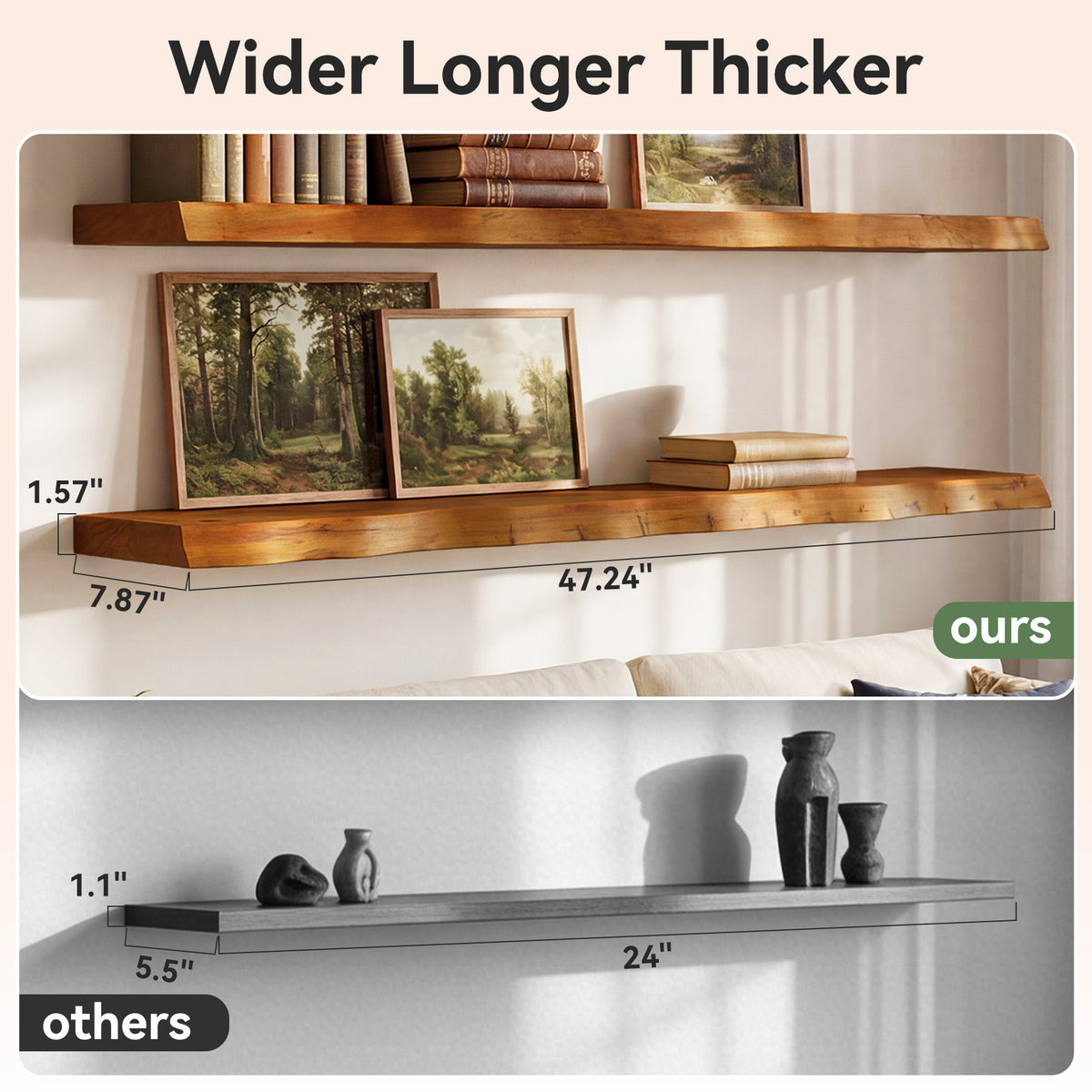 Set 3 Mensole Sospese in Legno Massello con Bordo Vivo, 120 cm, per Soggiorno e Ufficio