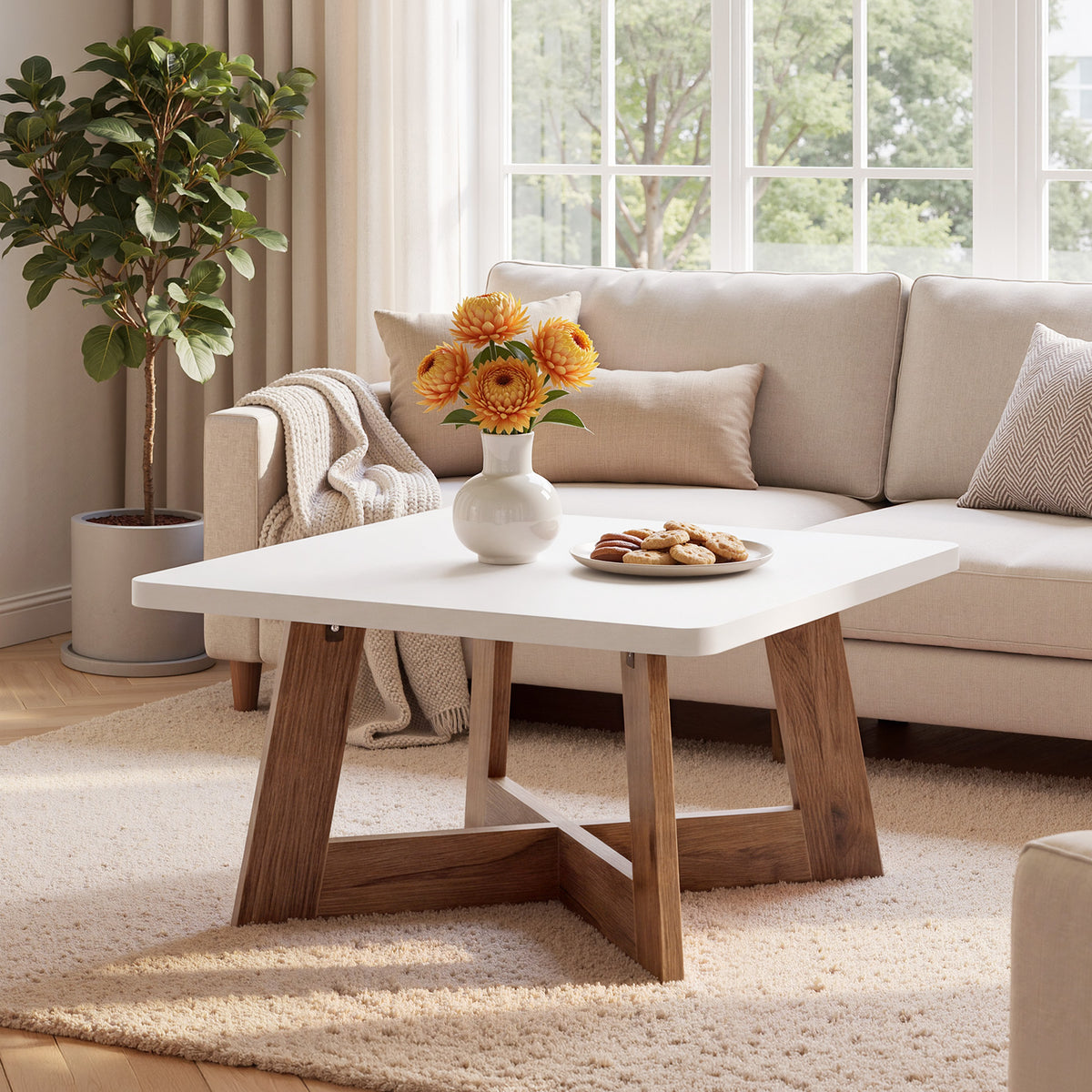 Tavolino da Salotto Quadrato Moderno Bianco con Base a Croce, 80 x 80 cm, per Soggiorno