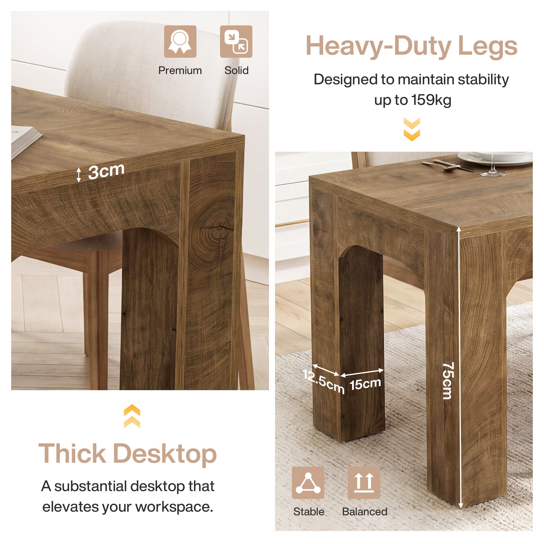 Tavolo da Pranzo Rettangolare Country in Legno con Gambe Robuste, 180 cm, per 4-6 Persone