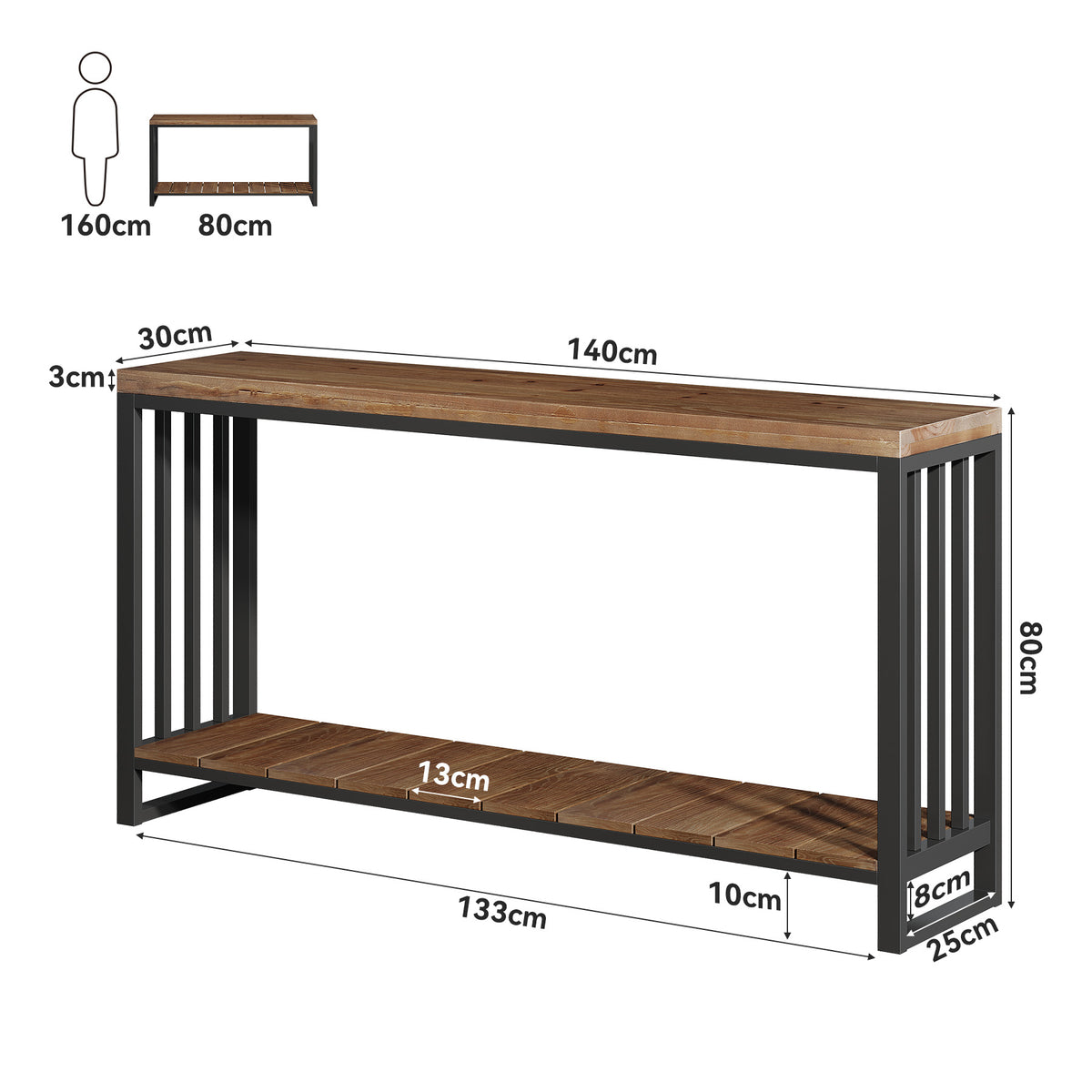 Consolle Stretta Country in Legno Massello con Ripiano, 140 cm, per Ingresso