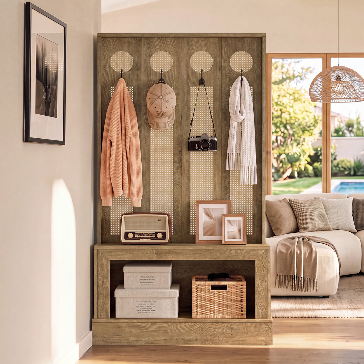 Divisorio in Rattan con Luce LED, Ripiani e 4 Ganci, 177 cm, per Soggiorno