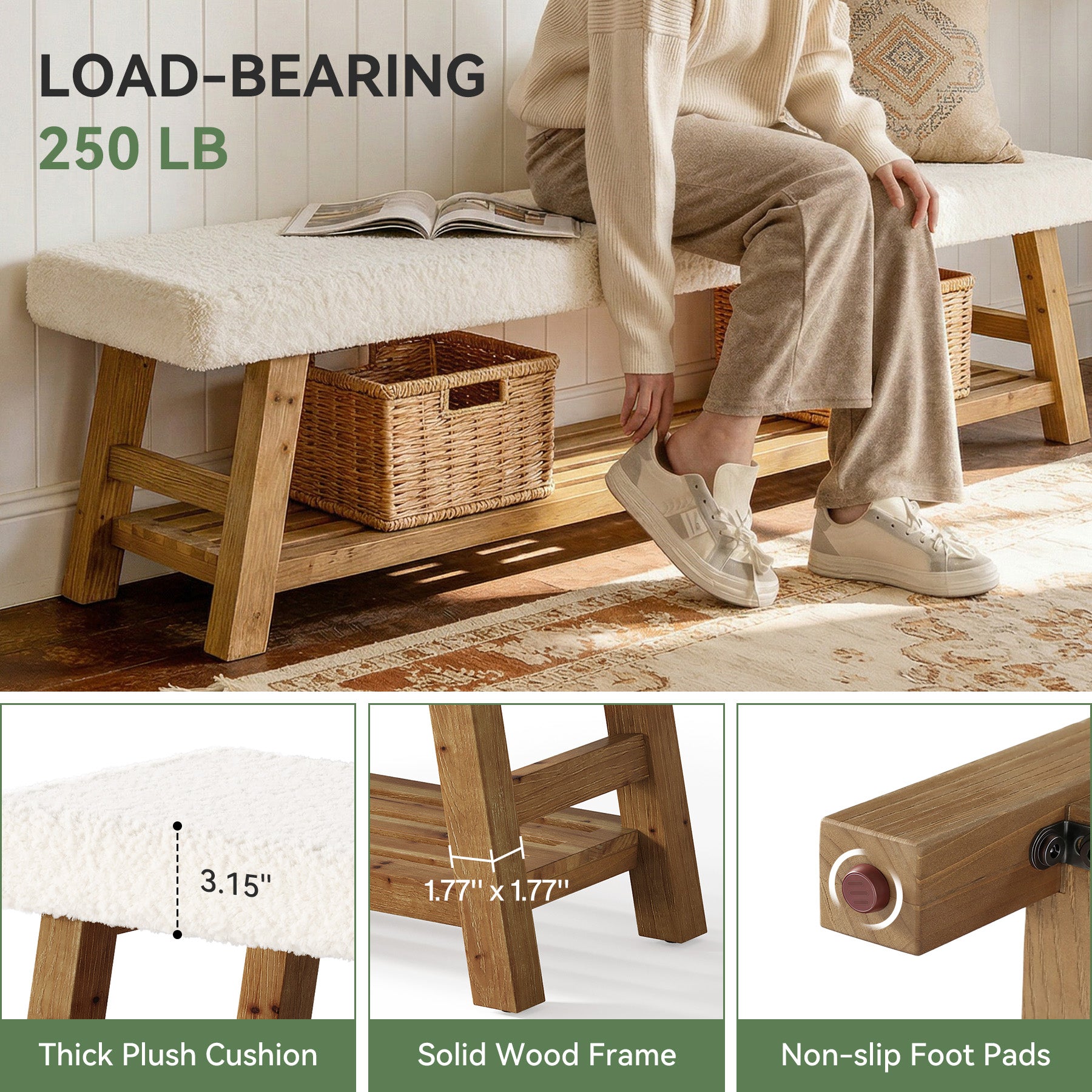 Tribesigns Panca Imbottita Portascarpe 140 cm, Panca Ingresso in Legno Massello a 2 Livelli con Ripiano