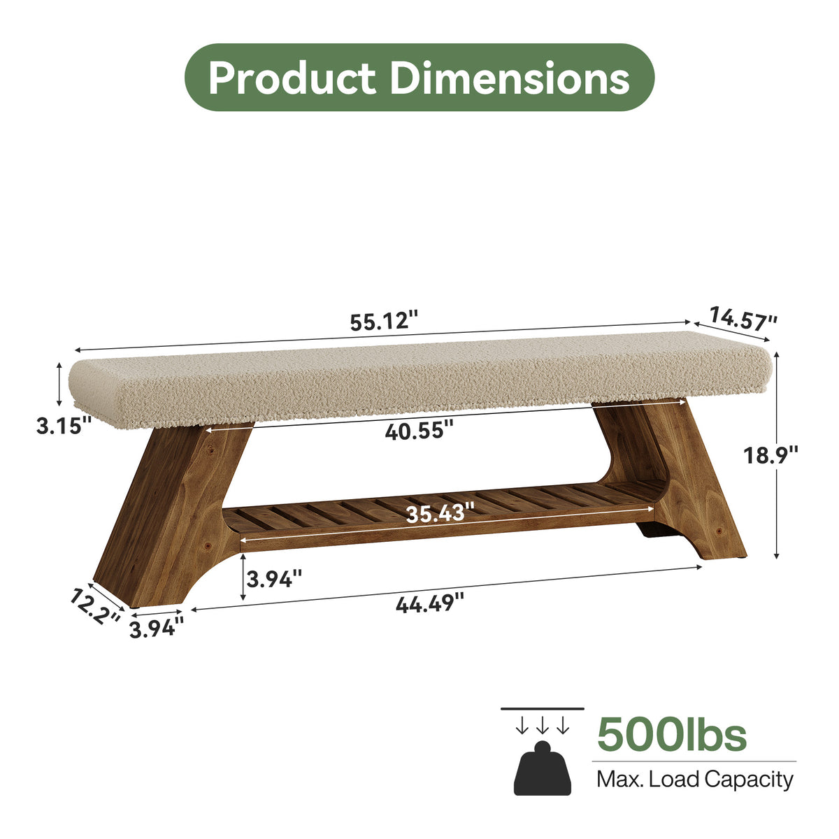 Panca Portascarpe Imbottita in Legno Massello con Cuscino, 140 cm, per Ingresso