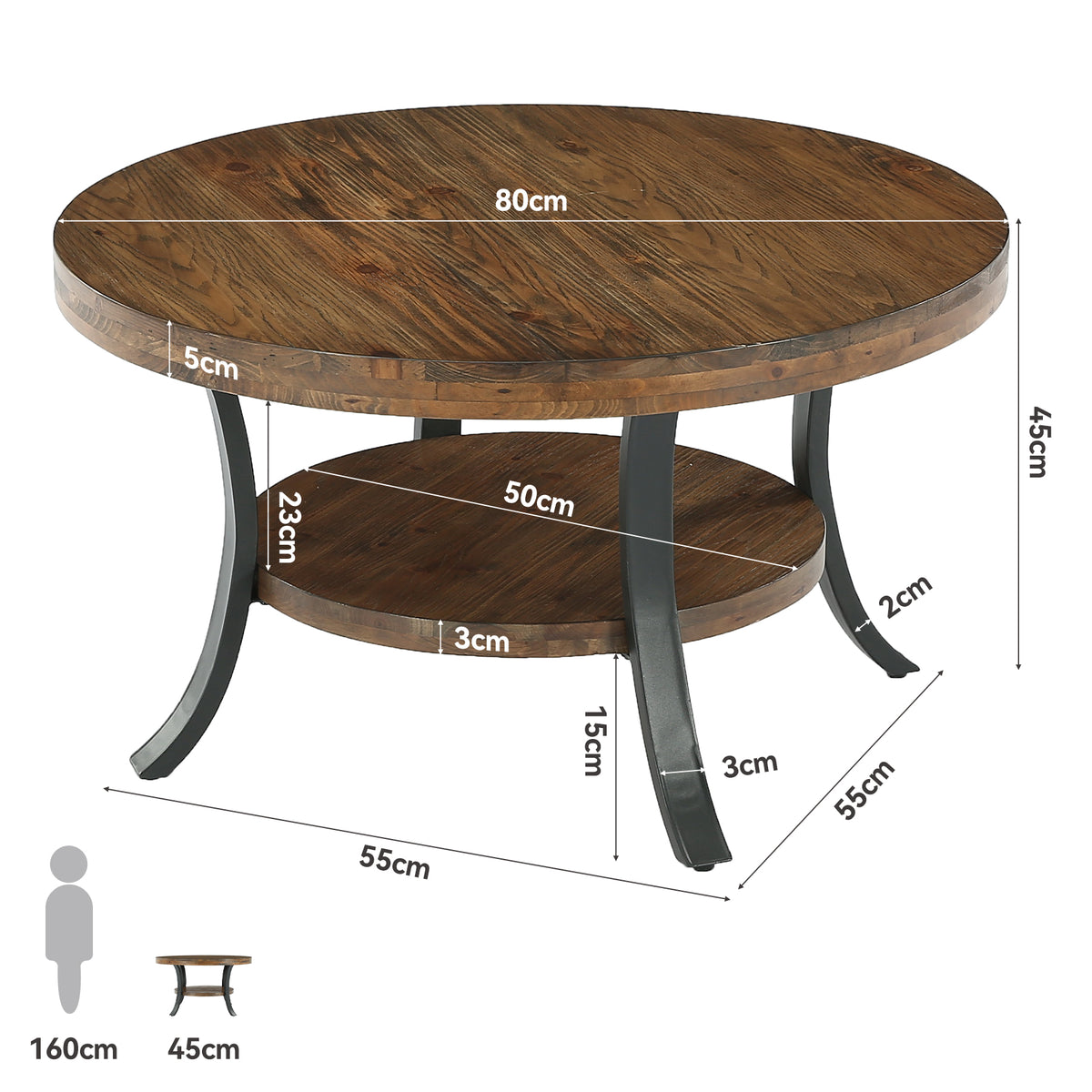 Tavolino da Salotto Rotondo Country in Legno Massello con Vano Contenitore, Ø 80 cm