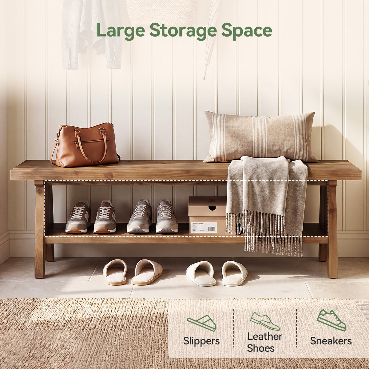 Panca Country in Legno Massello con Ripiano Portascarpe Aperto, 140 cm, per Ingresso