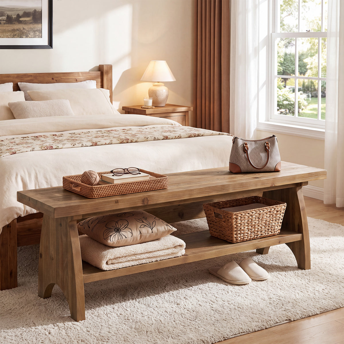 Panca Country in Legno Massello con Ripiano Portascarpe Aperto, 140 cm, per Ingresso