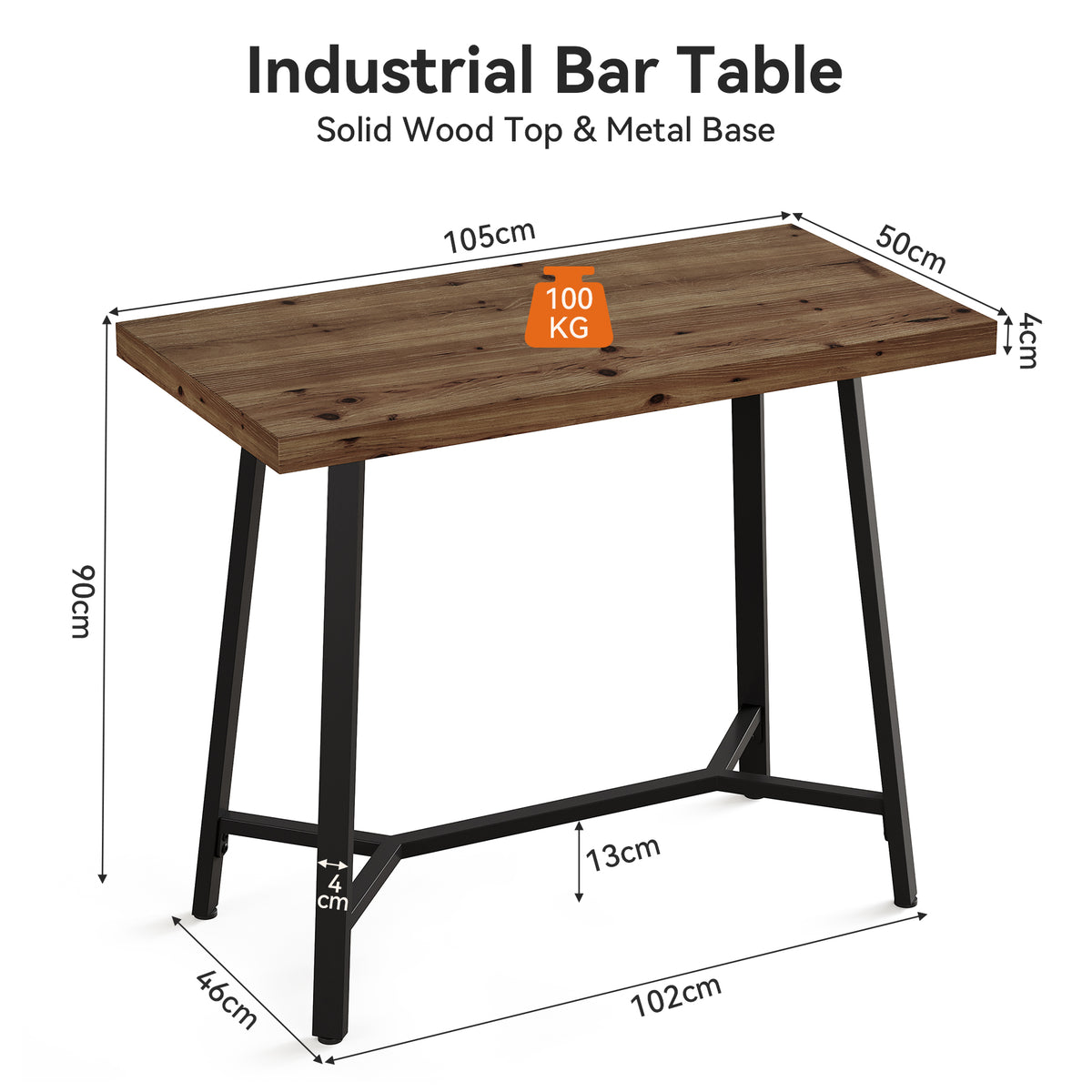 Tavolo da Bar Industriale in Legno Massello con Poggiapiedi, 105 cm, per Cucina e Soggiorno