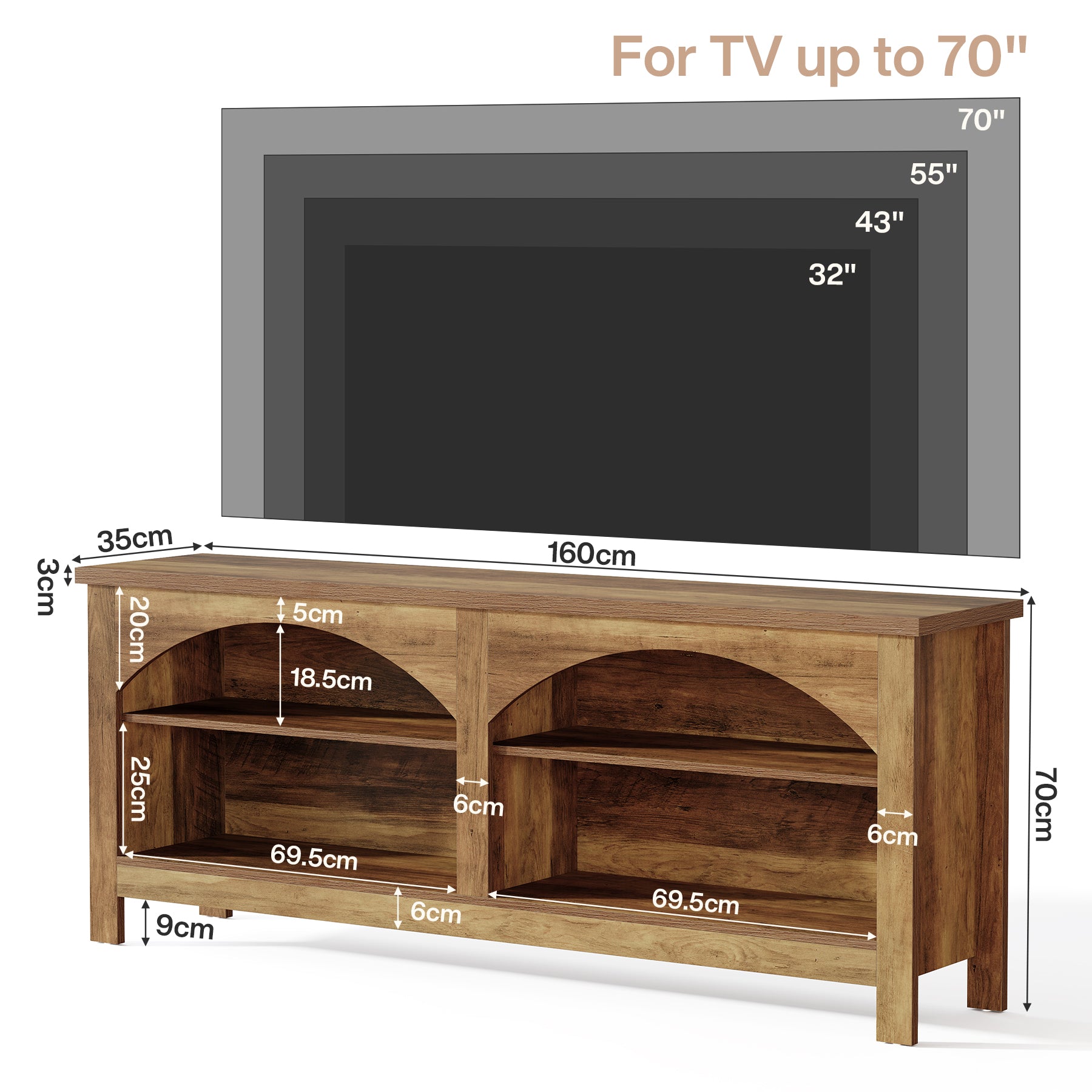 Tribesigns Mobile porta TV da 160 cm, sistema di intrattenimento in stile country con ripiano a 2 livelli