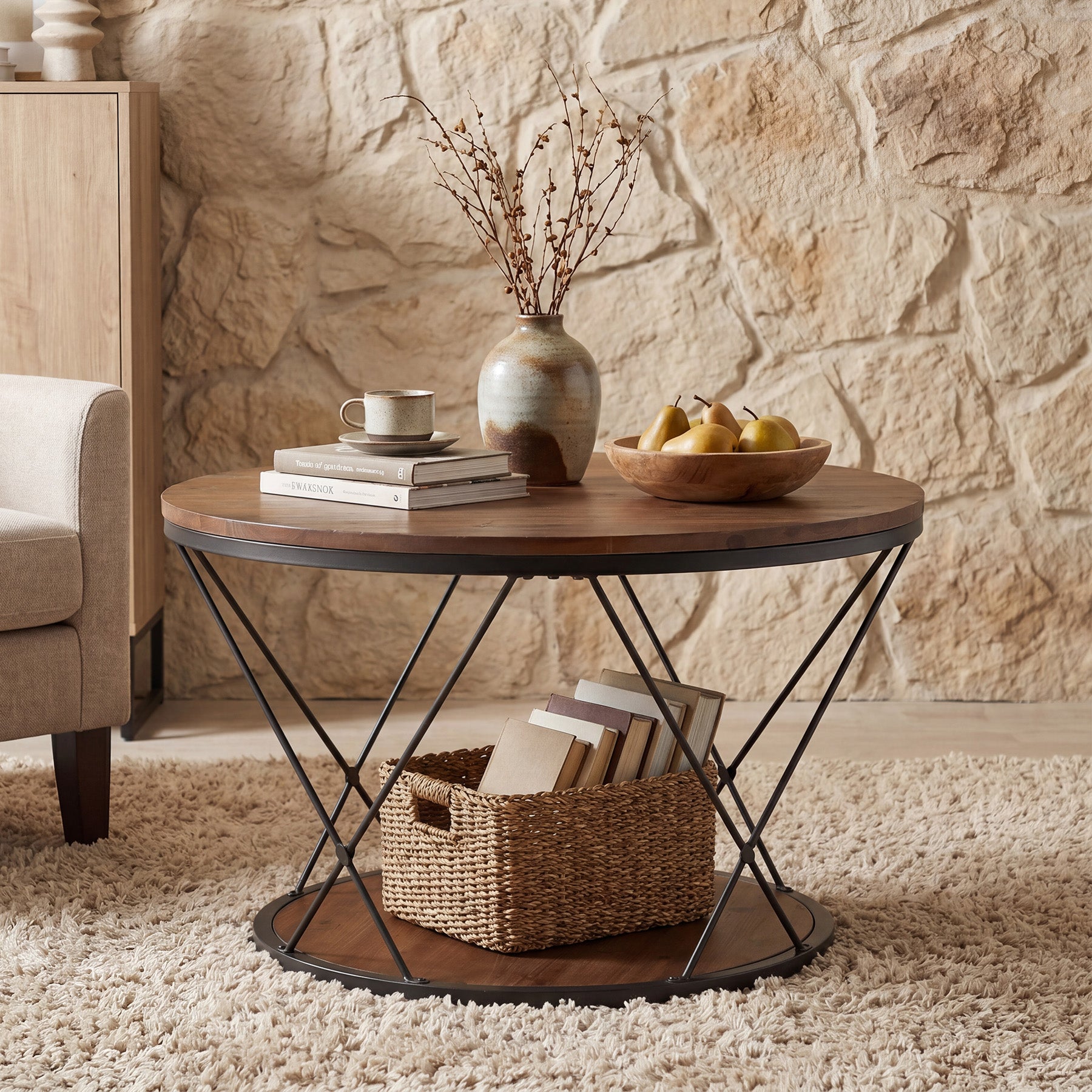 Tribesigns Tavolino rotondo da caffè, table centrale da 80 cm in legno massello con ripiano inferiore, ideale per piccoli spazi