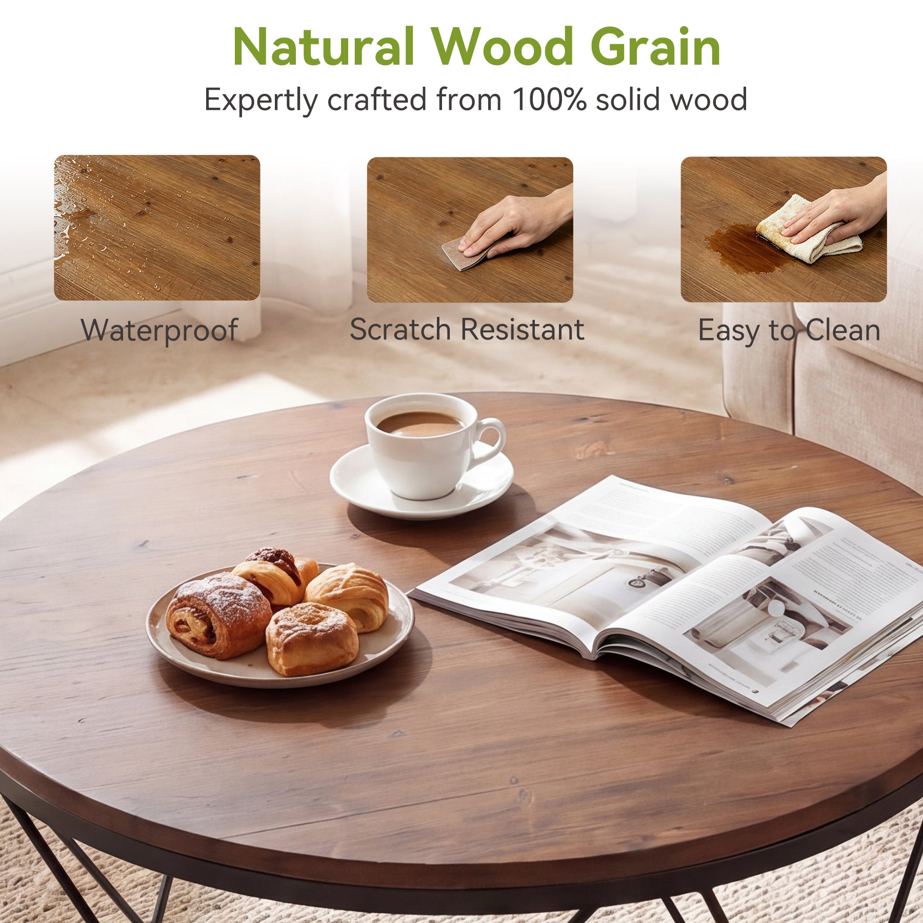 Tribesigns Tavolino rotondo da caffè, table centrale da 80 cm in legno massello con ripiano inferiore, ideale per piccoli spazi