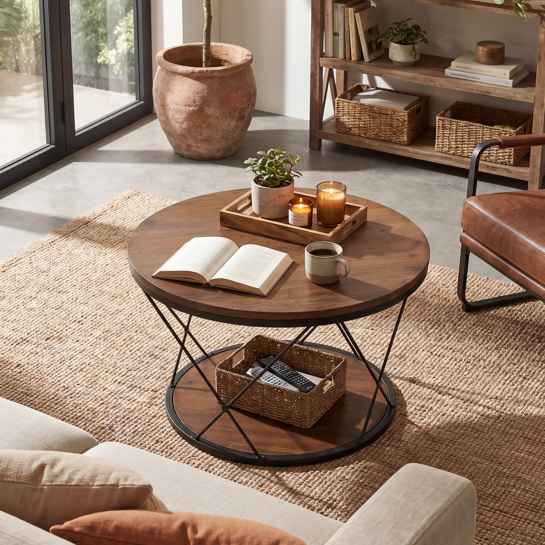 Tribesigns Tavolino rotondo da caffè, table centrale da 80 cm in legno massello con ripiano inferiore, ideale per piccoli spazi