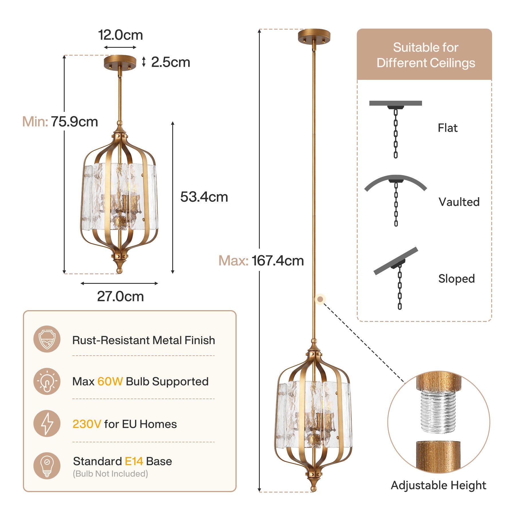 Lampadario a Sospensione Vintage Dorato, Ø 27 cm, Altezza Regolabile, per Tavolo da Pranzo