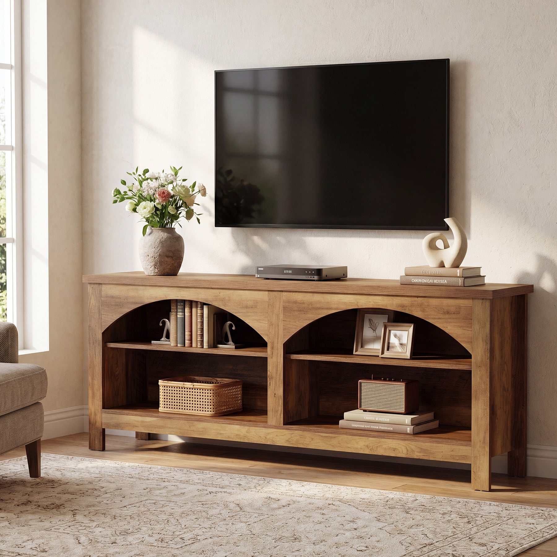 Tribesigns Mobile porta TV da 160 cm, sistema di intrattenimento in stile country con ripiano a 2 livelli