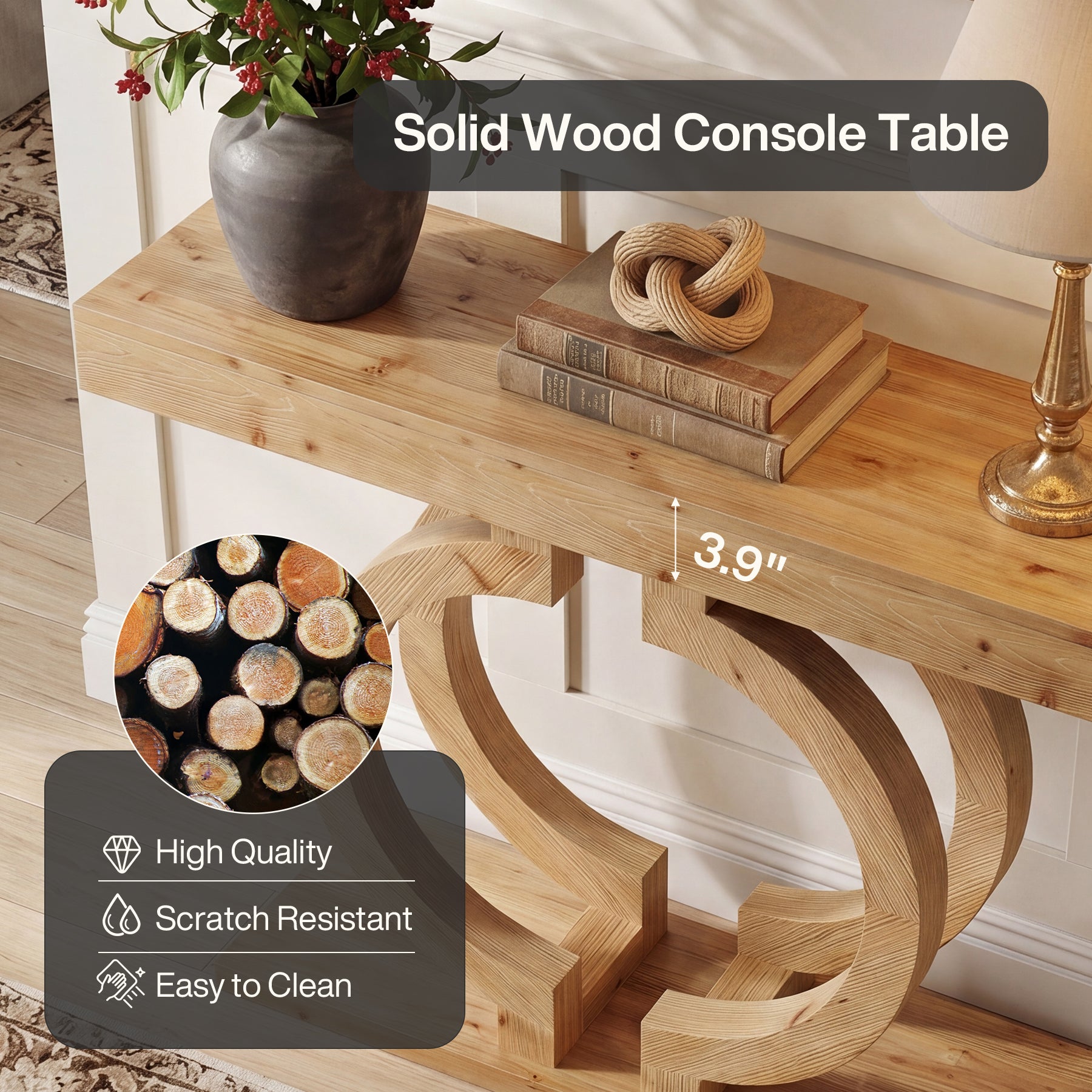 Tribesigns Consolle in legno massello da 110 cm, tavolo da corridoio con elegante base a doppio cerchio