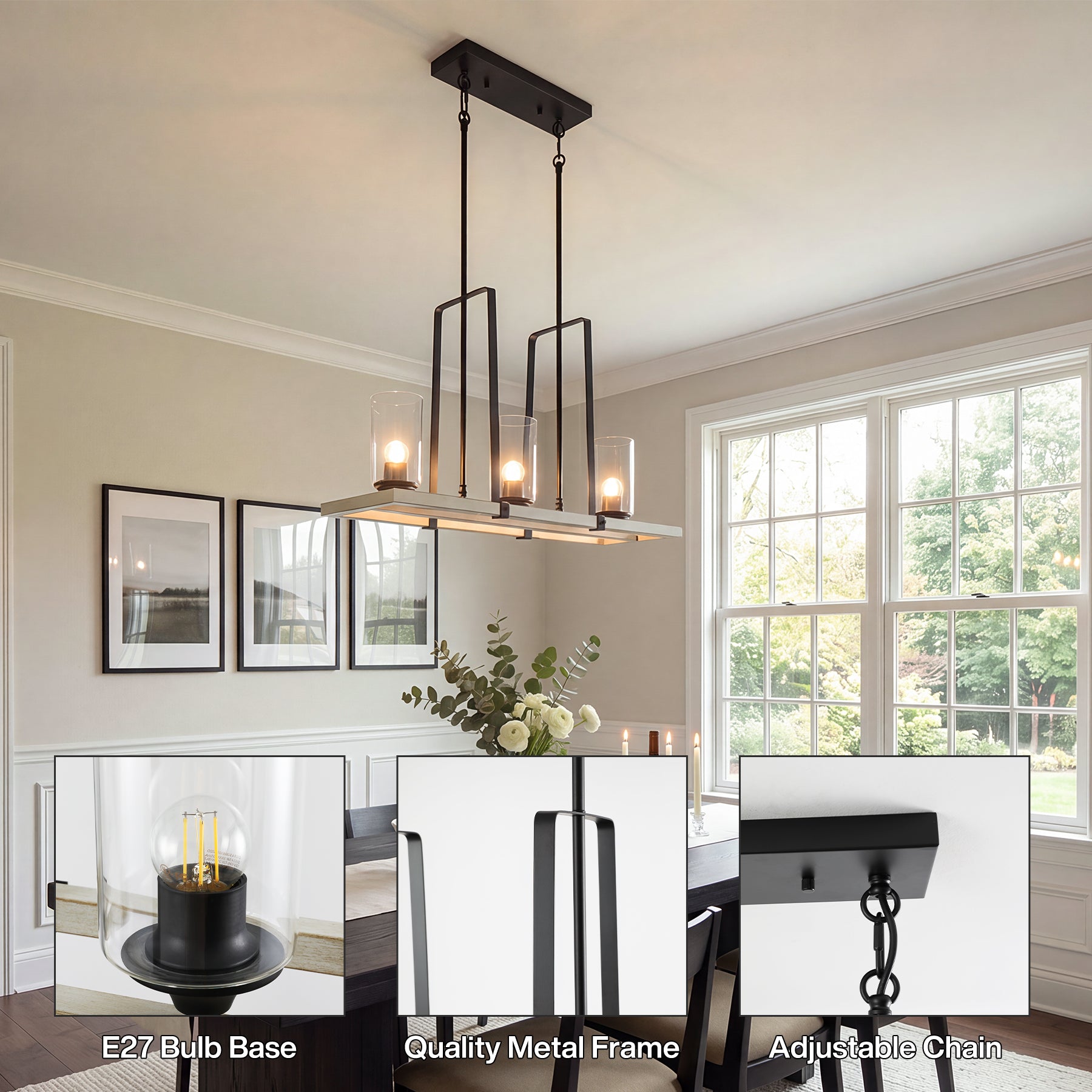 Lampadario a Sospensione Vintage Industriale con 3 Luci E27, Nero, per Soggiorno e Cucina