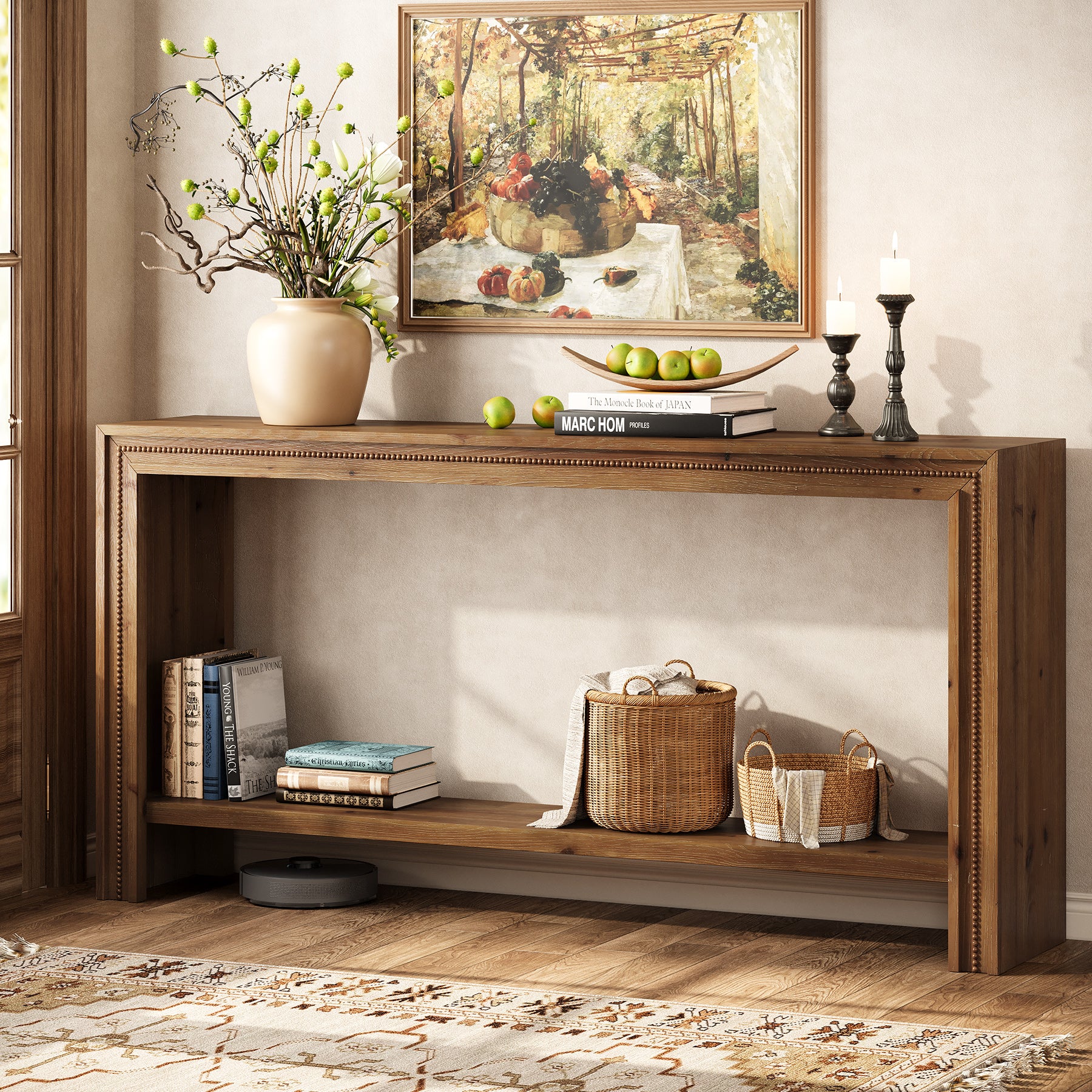 Tribesigns Consolle in legno massello da 160 cm con ripiano contenitore a due livelli