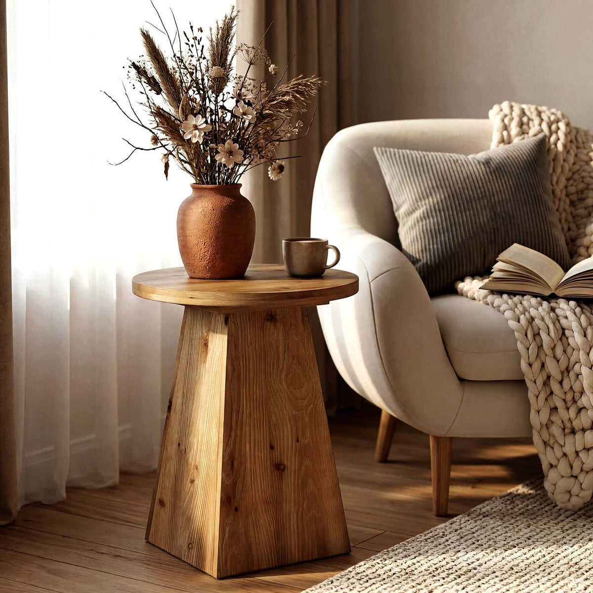 Tavolino Laterale Rotondo in Legno Massello con Base Trapezoidale, Ø 48 cm