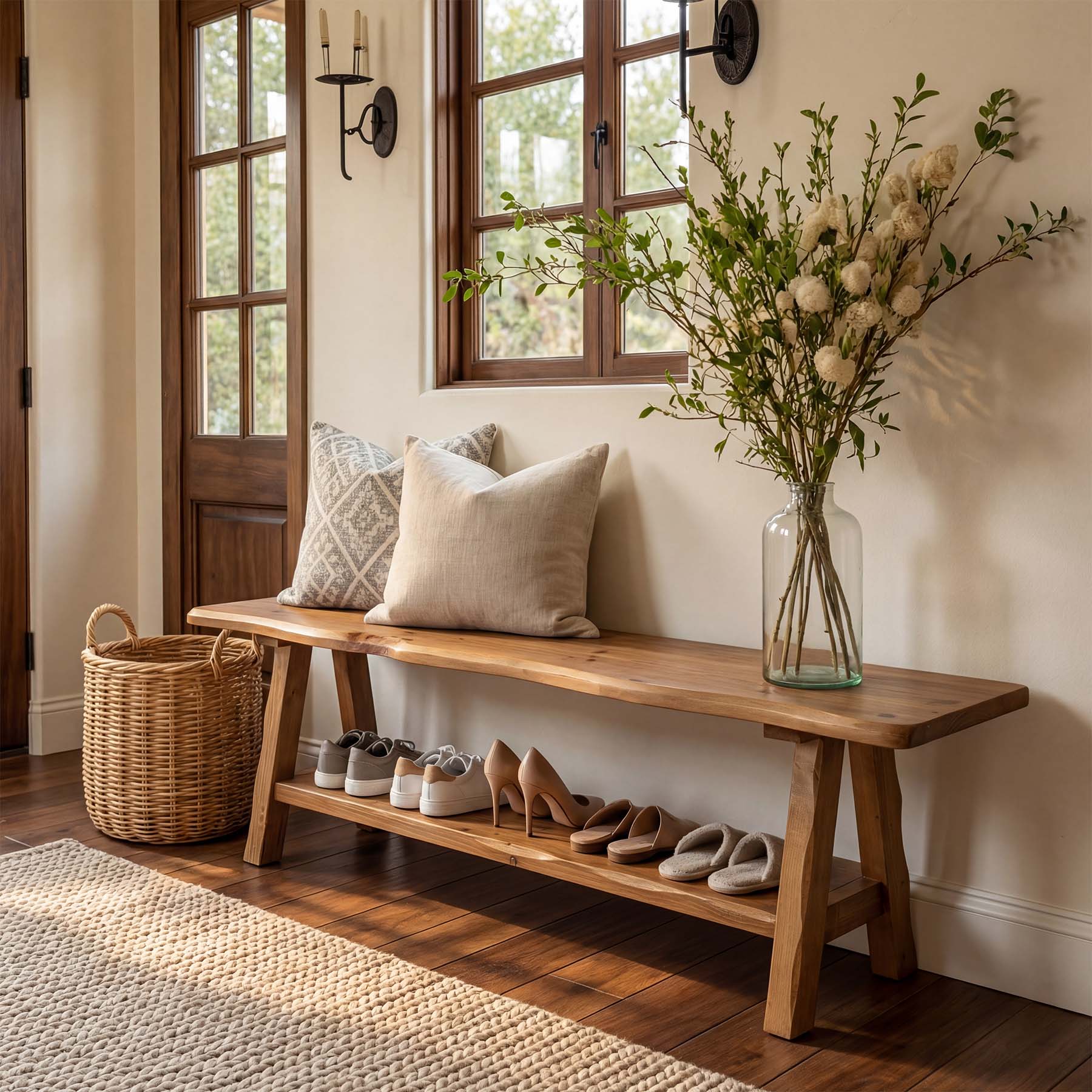 Tribesigns Panca Portascarpe in Legno Massello con Sedile e Ripiano, 140 x 35 x 45 cm, per Ingresso e Corridoio