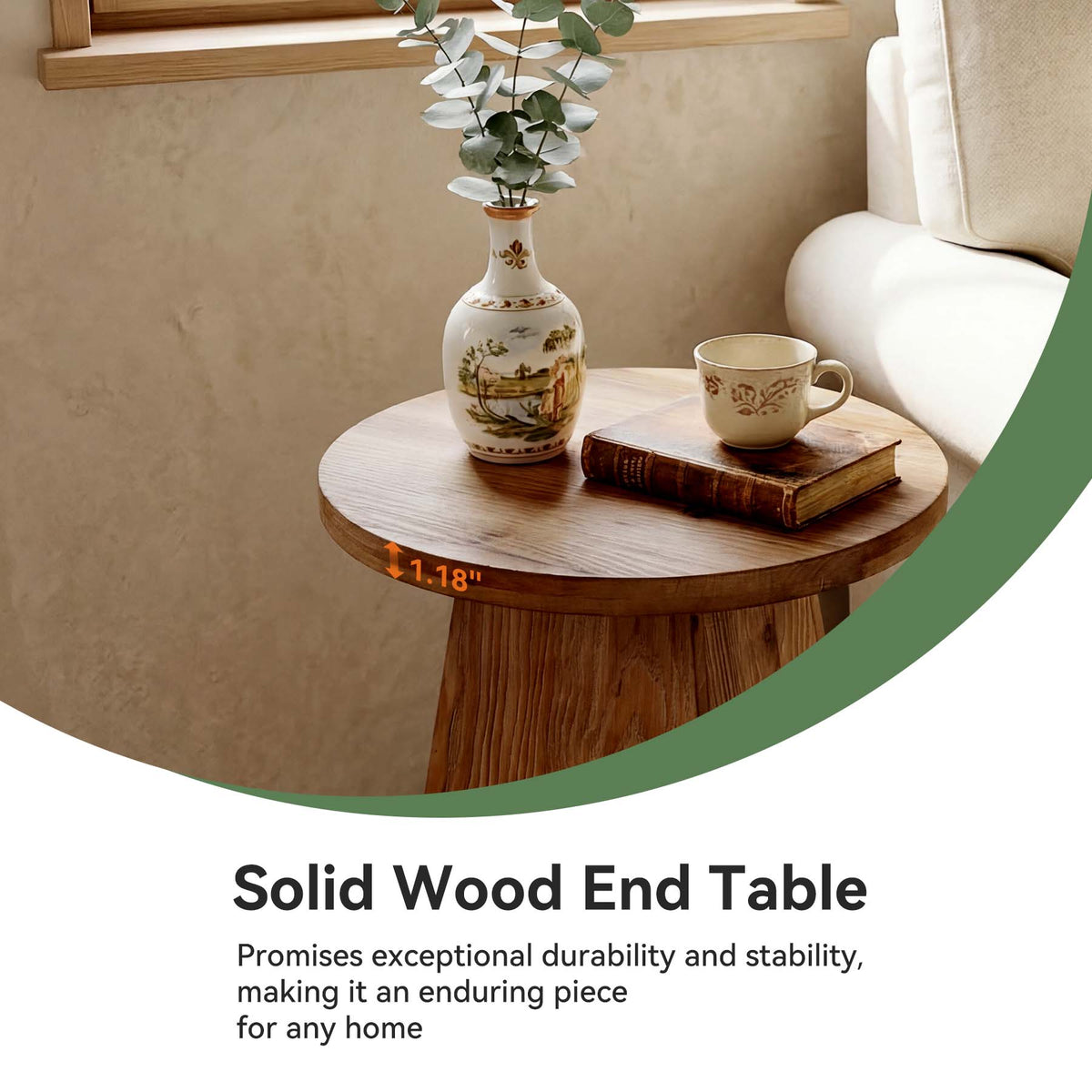 Tavolino Laterale Rotondo in Legno Massello con Base Trapezoidale, Ø 48 cm