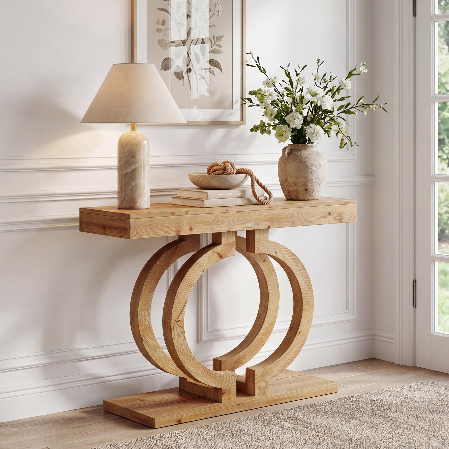 Tribesigns Consolle in legno massello da 110 cm, tavolo da corridoio con elegante base a doppio cerchio