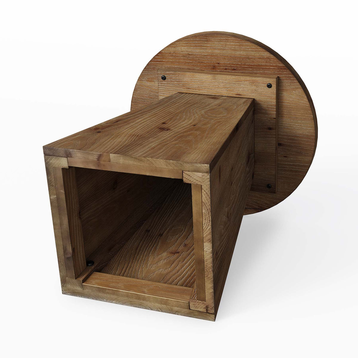 Tavolino Laterale Rotondo in Legno Massello con Base Trapezoidale, Ø 48 cm
