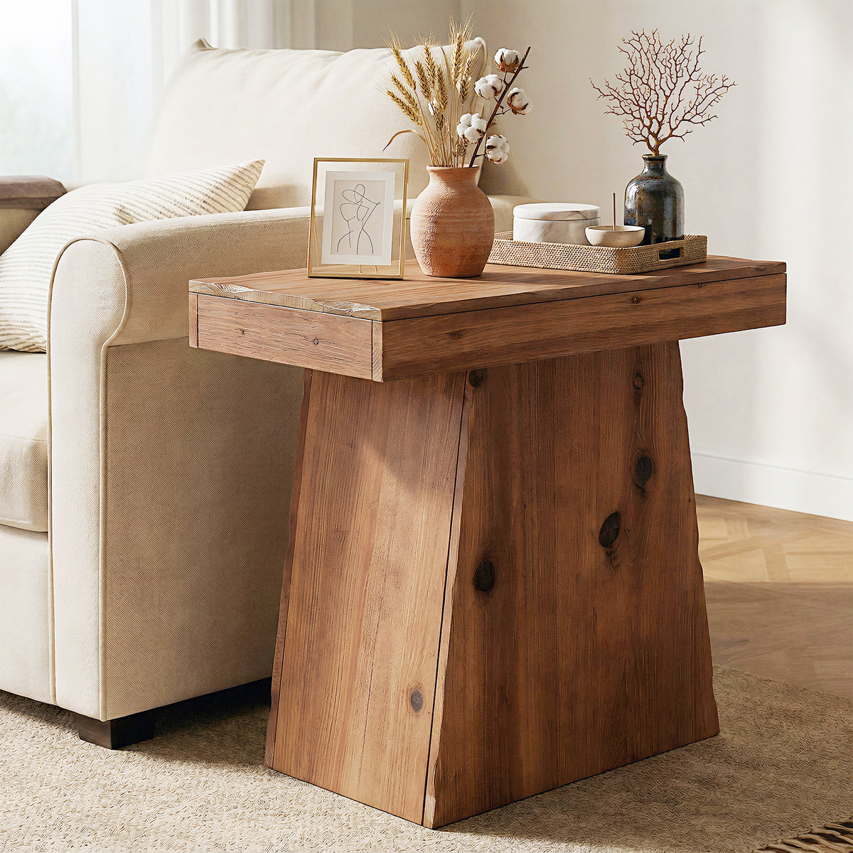 Tavolino Laterale Rustico in Legno Massello con Base Trapezoidale, 60 cm, per Soggiorno