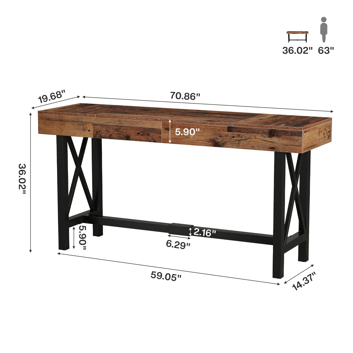 Tavolo da Bar Rettangolare Industriale con Poggiapiedi in Metallo, 180 cm