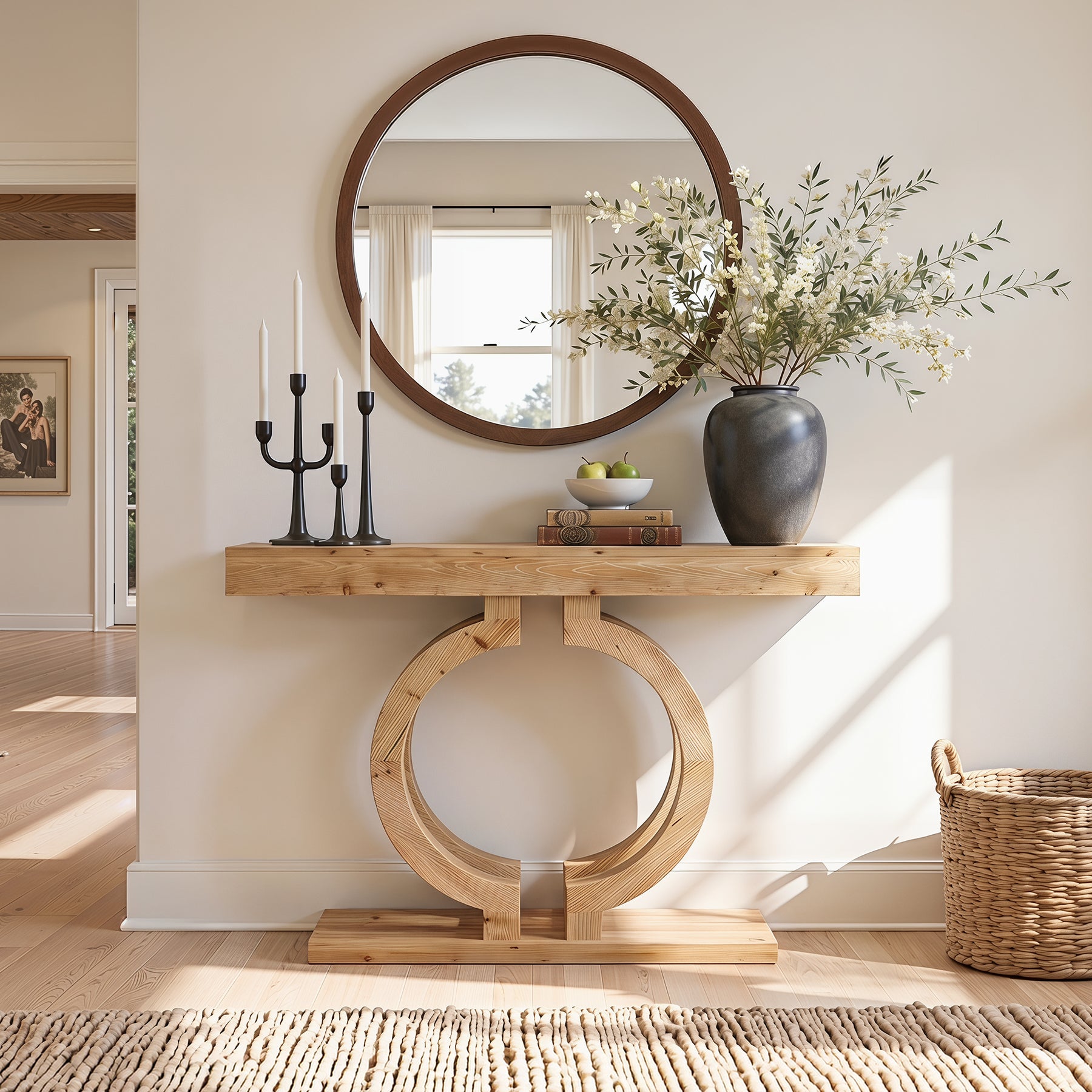 Tribesigns Consolle in legno massello da 110 cm, tavolo da corridoio con elegante base a doppio cerchio