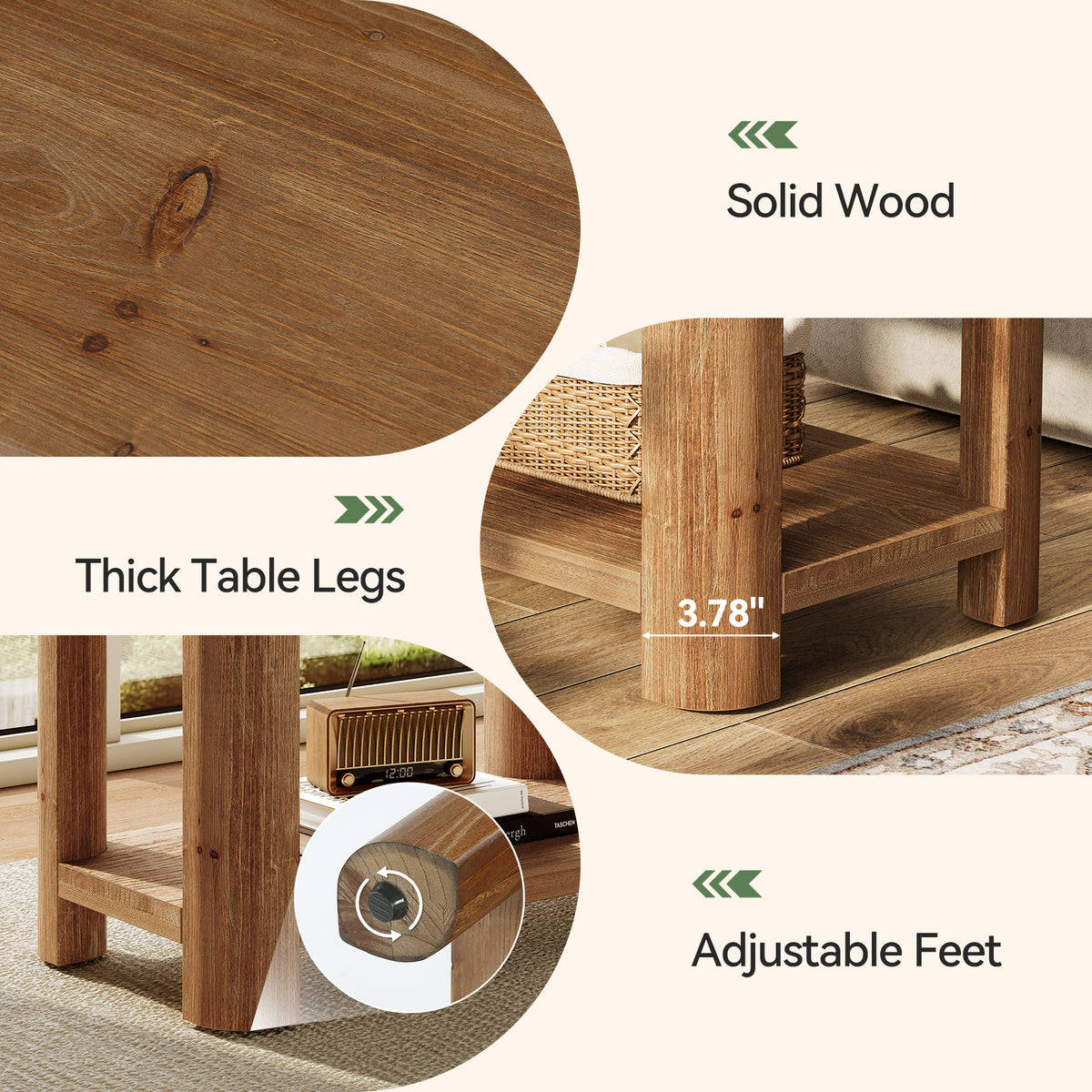 Tavolino Laterale Country in Legno Massello a 2 Ripiani, 70 cm, per Camera da Letto