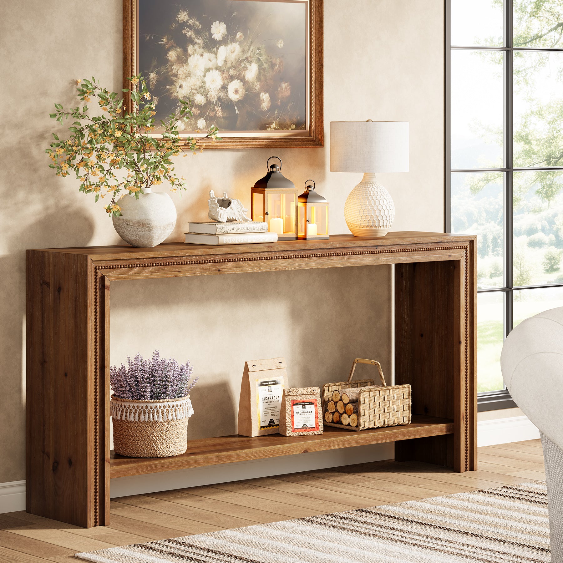 Tribesigns Consolle in legno massello da 160 cm con ripiano contenitore a due livelli