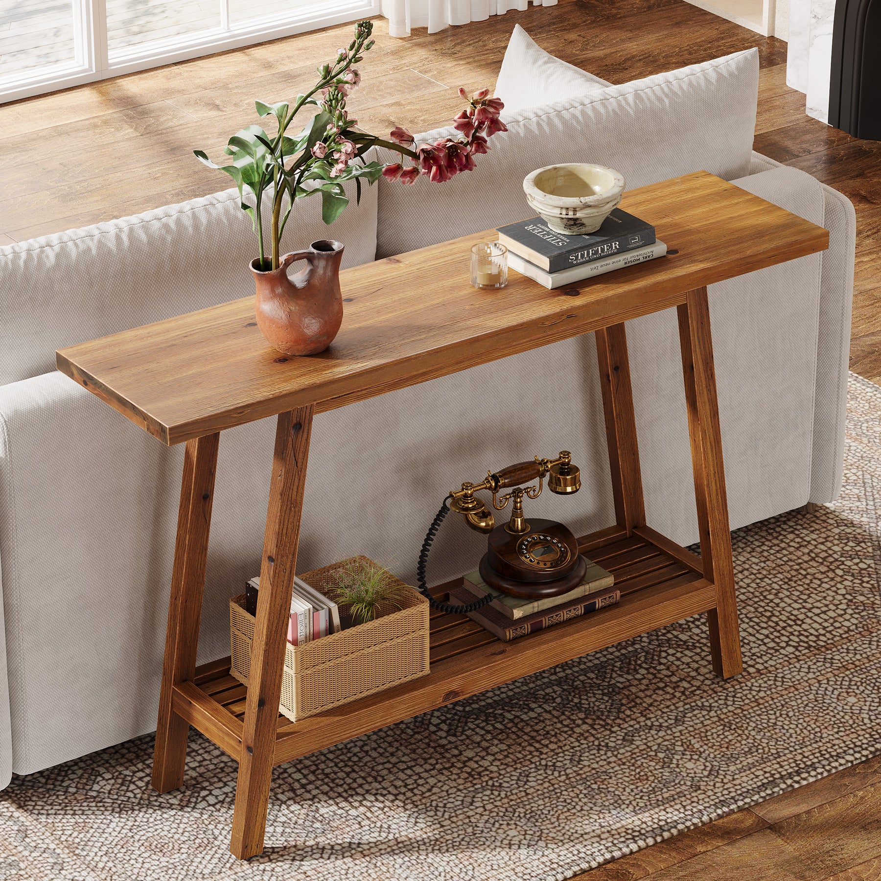 Consolle Country in Legno Massello con Ripiano, 105 cm, per Ingresso e Soggiorno