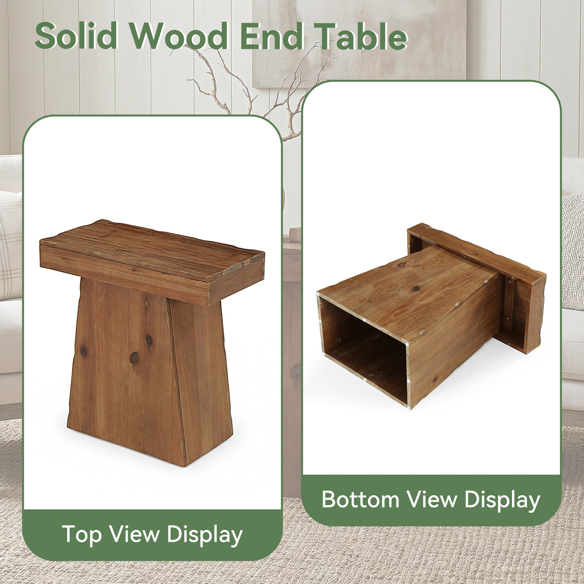 Tavolino Laterale Rustico in Legno Massello con Base Trapezoidale, 60 cm, per Soggiorno