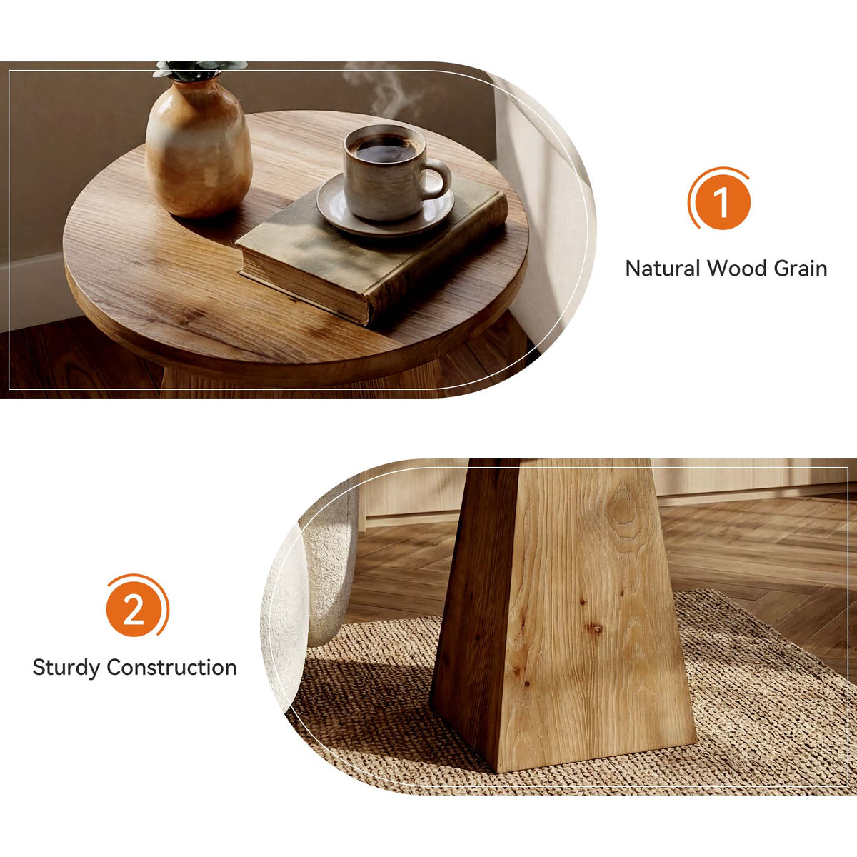Tavolino Laterale Rotondo in Legno Massello con Base Trapezoidale, Ø 48 cm