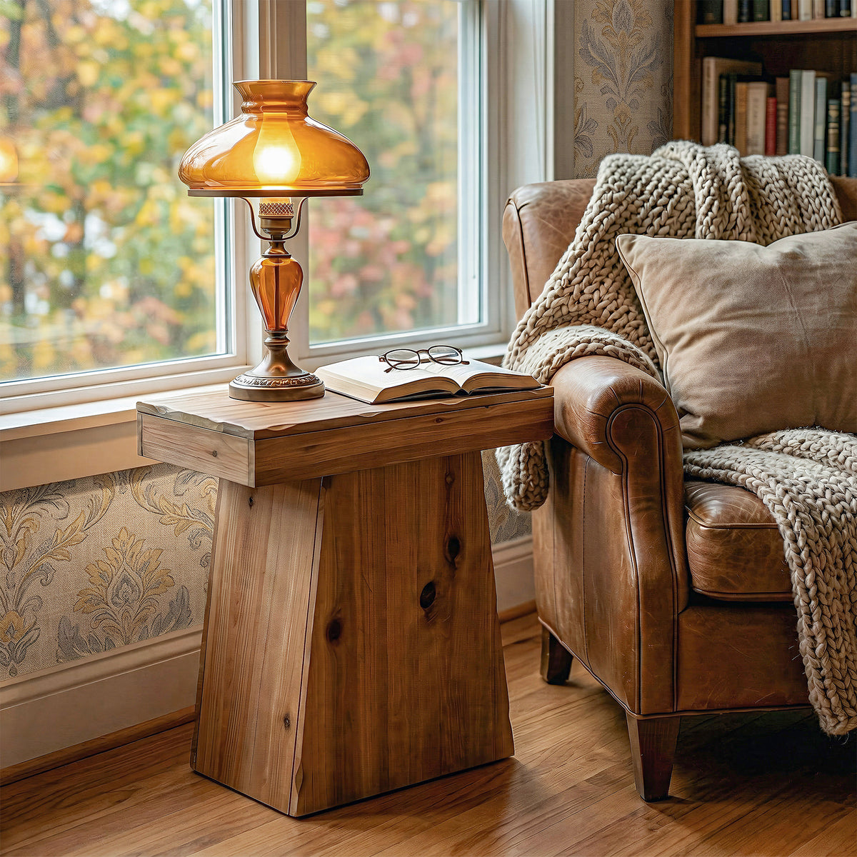 Tavolino Laterale Rustico in Legno Massello con Base Trapezoidale, 60 cm, per Soggiorno