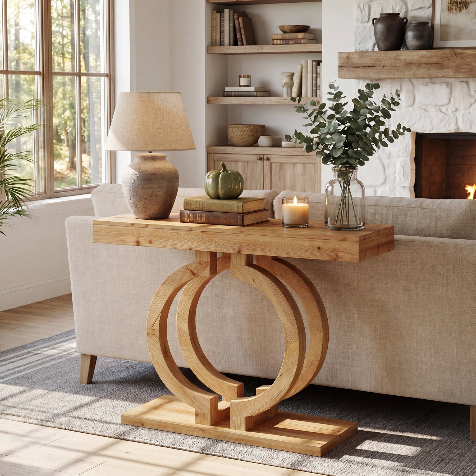 Tribesigns Consolle in legno massello da 110 cm, tavolo da corridoio con elegante base a doppio cerchio