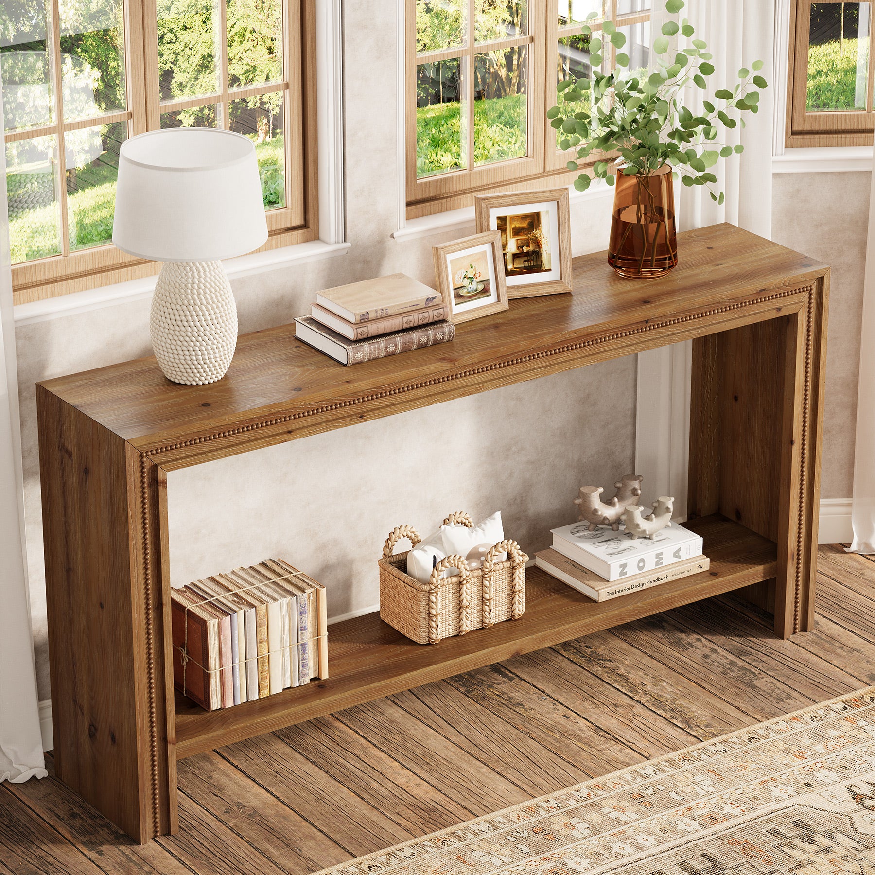 Tribesigns Consolle in legno massello da 160 cm con ripiano contenitore a due livelli